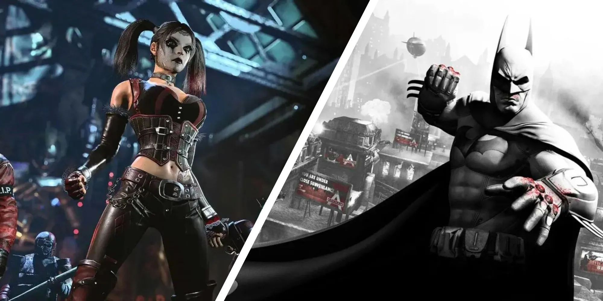 Harley Quinn và Batman trong series Arkham đang đối mặt nhau, tượng trưng cho mối quan hệ phức tạp giữa anh hùng và phản diện.