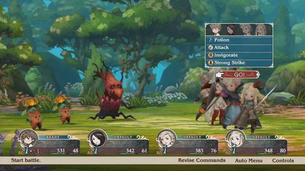 Hệ thống chiến đấu Brave/Default độc đáo của Bravely Default: Flying Fairy HD Remaster, đòi hỏi chiến thuật và kế hoạch kỹ lưỡng.