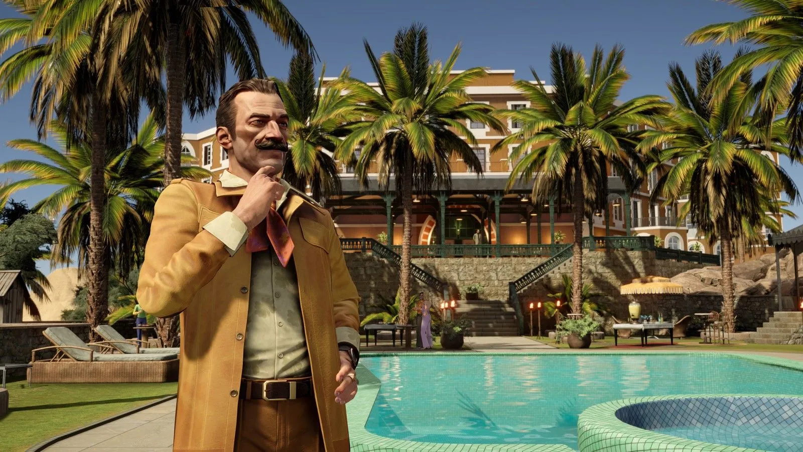 Hercule Poirot tại bể bơi, điều tra trong game Agatha Christie Death on the Nile