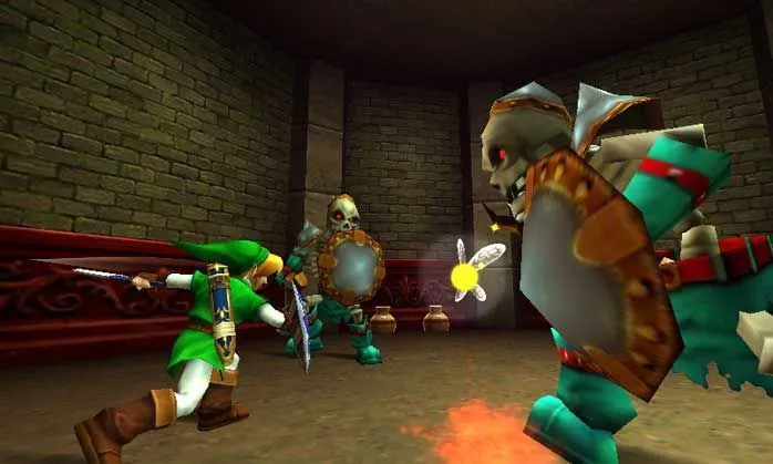 Hình ảnh Link khám phá hầm ngục cây Deku trong game Zelda Ocarina of Time 3D.