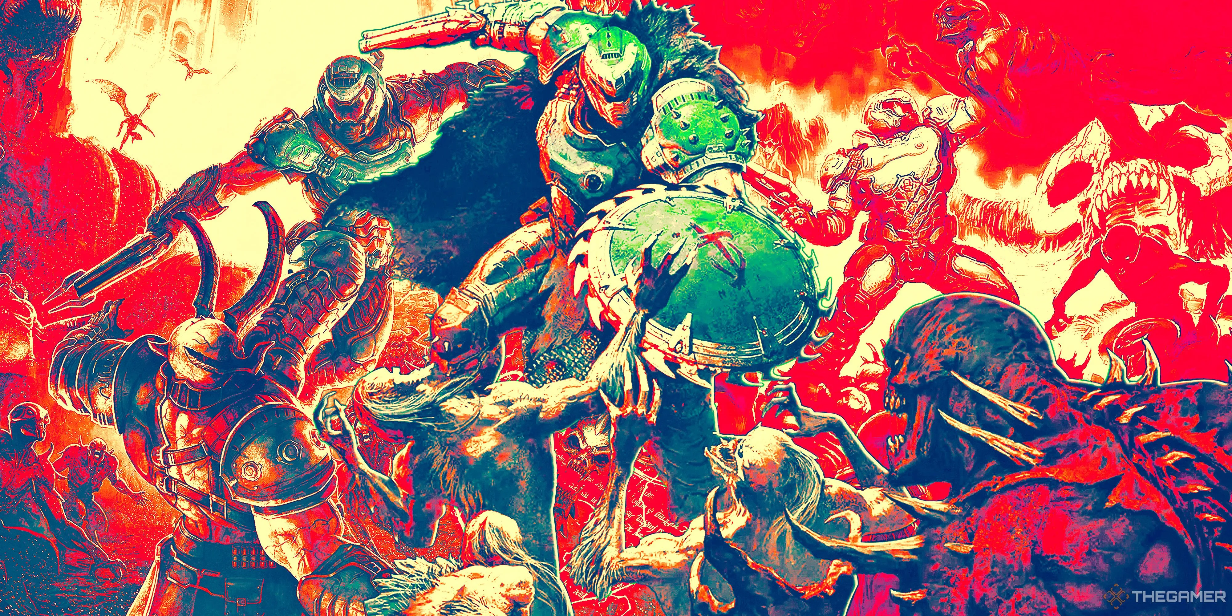 Hình ảnh minh họa các tựa game trong series Doom nổi tiếng, bao gồm Doom Eternal và Doom: The Dark Ages