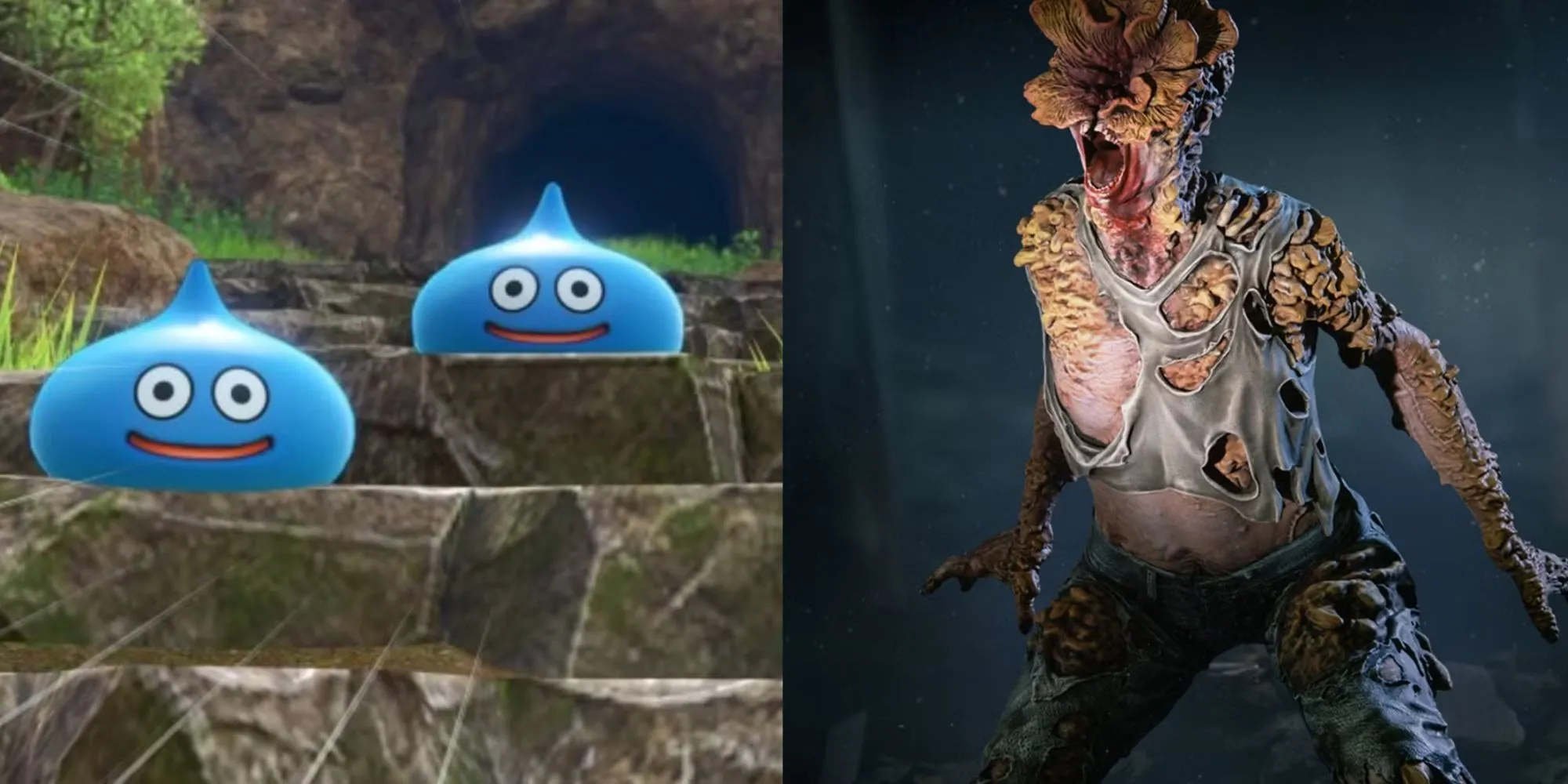 Hình ảnh minh họa slime trong Dragon Quest và clicker trong The Last of Us, đối lập vai trò AI trong game
