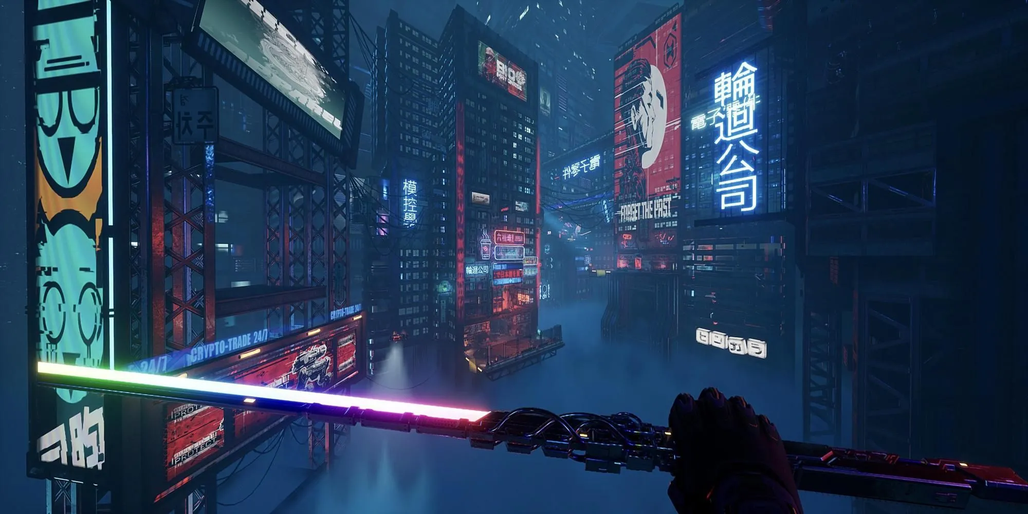 Jack, người chạy ma Ghostrunner, cầm kiếm đứng giữa thành phố cyberpunk