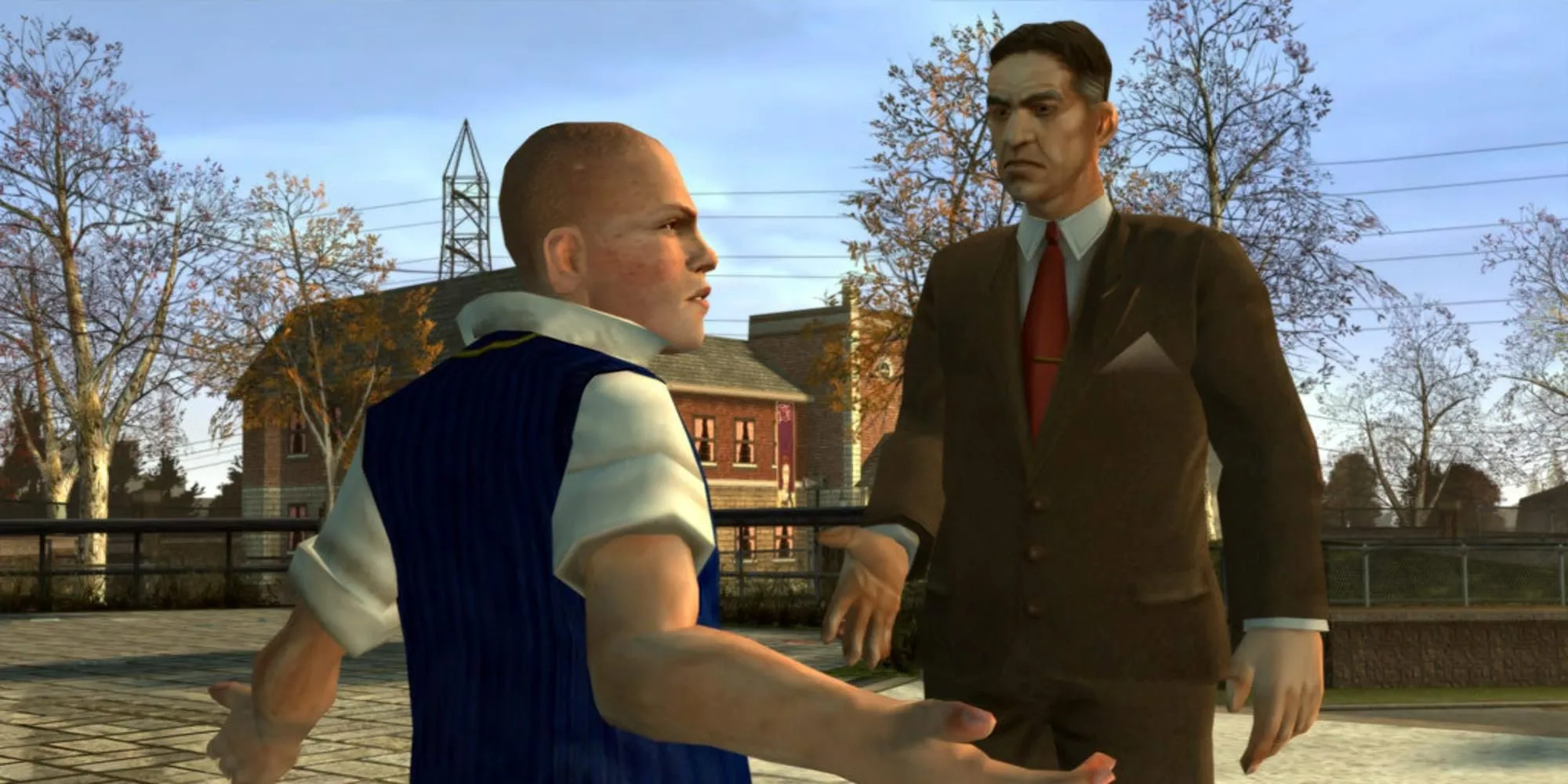 Jimmy Hopkins đứng trước hiệu trưởng của trường học Bullworth Academy trong Bully Scholarship Edition