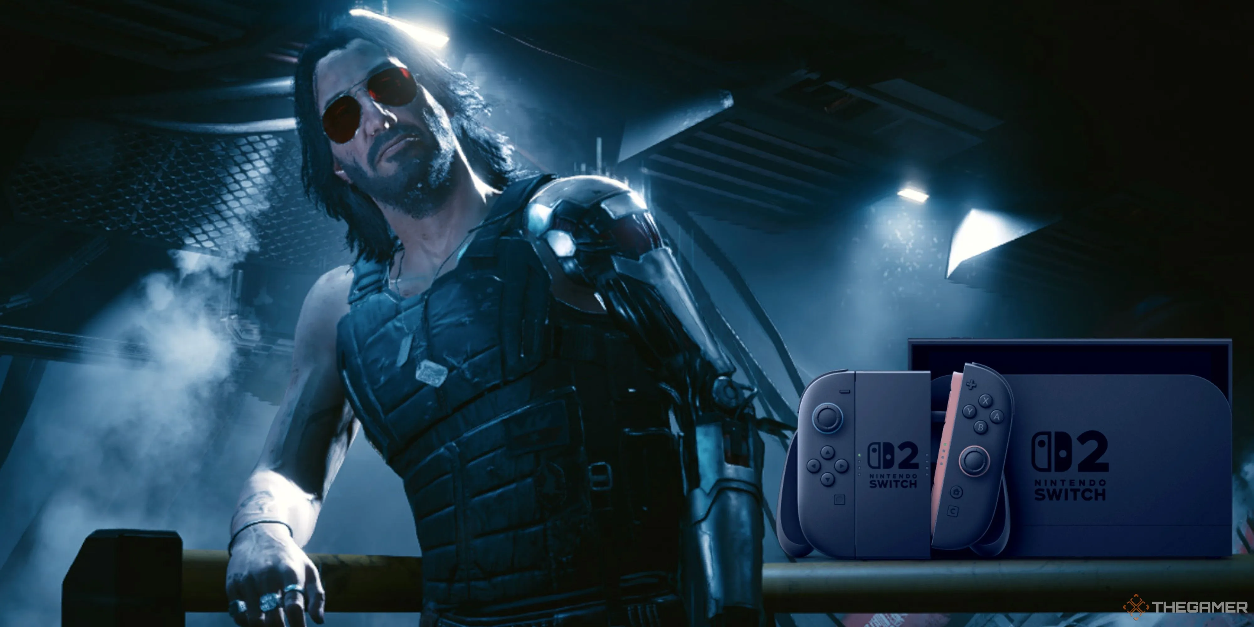 Johnny Silverhand đứng cạnh một thiết bị điện tử trong bối cảnh thành phố Night City của Cyberpunk 2077