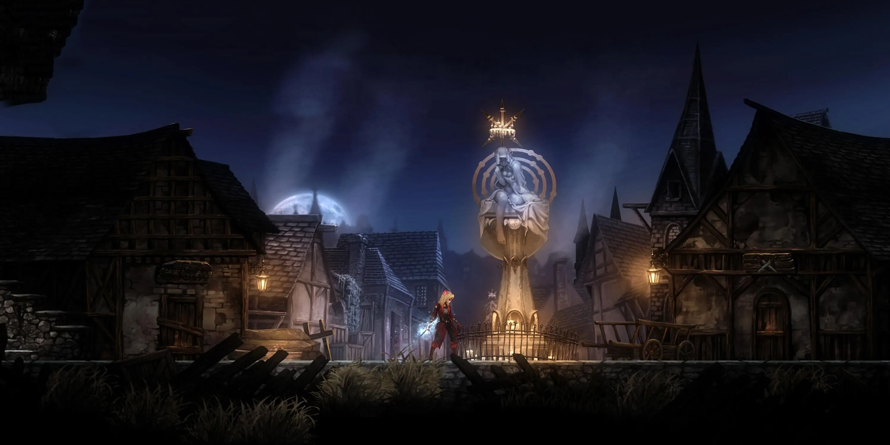 Khung cảnh thị trấn hoang tàn và u ám trong game Vigil: The Longest Night.