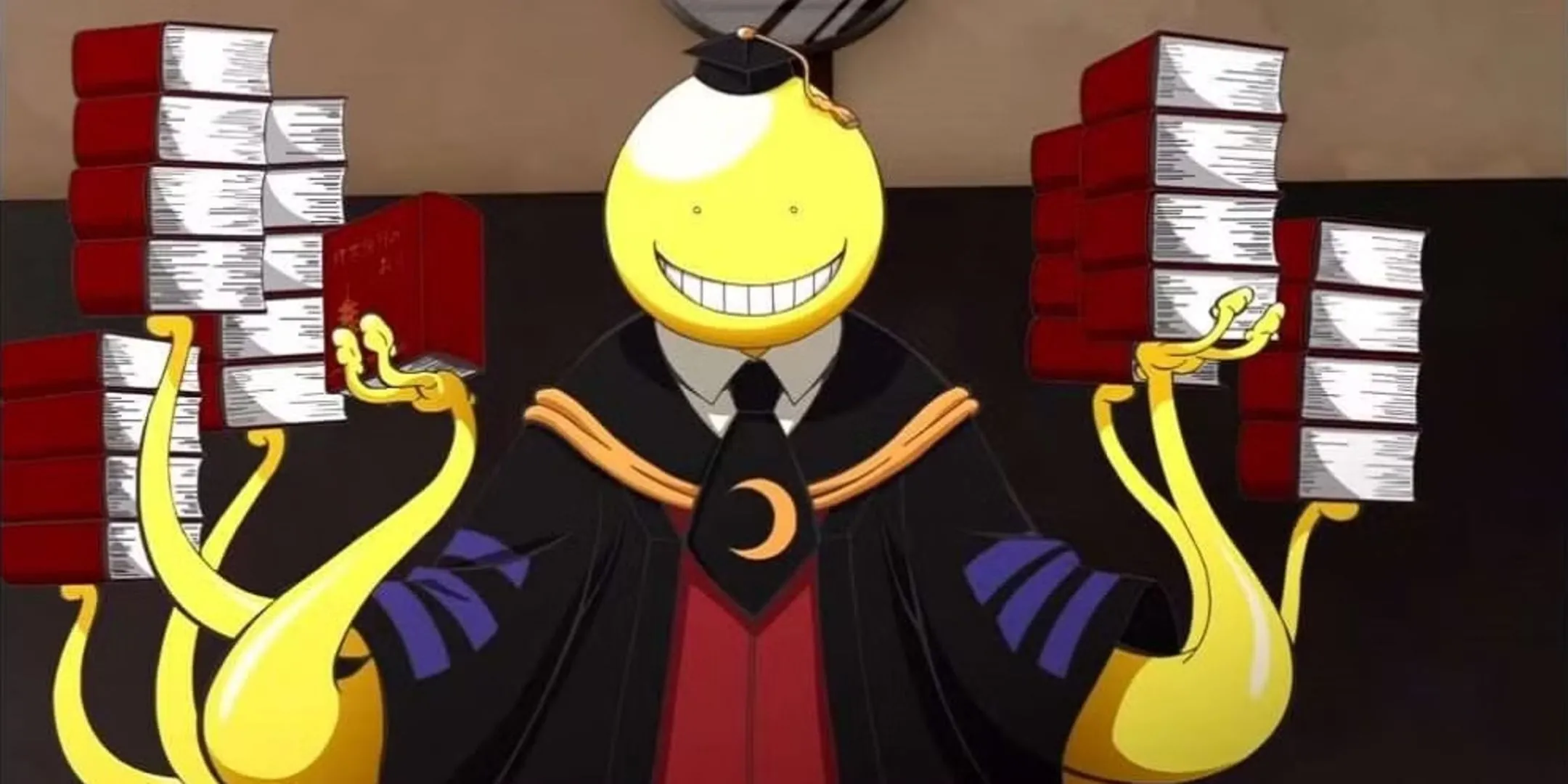 Koro-sensei siêu tốc độ với những xúc tu giữ nhiều cuốn sách khác nhau, thể hiện sự đa năng của giáo viên bí ẩn này trong Assassination Classroom.