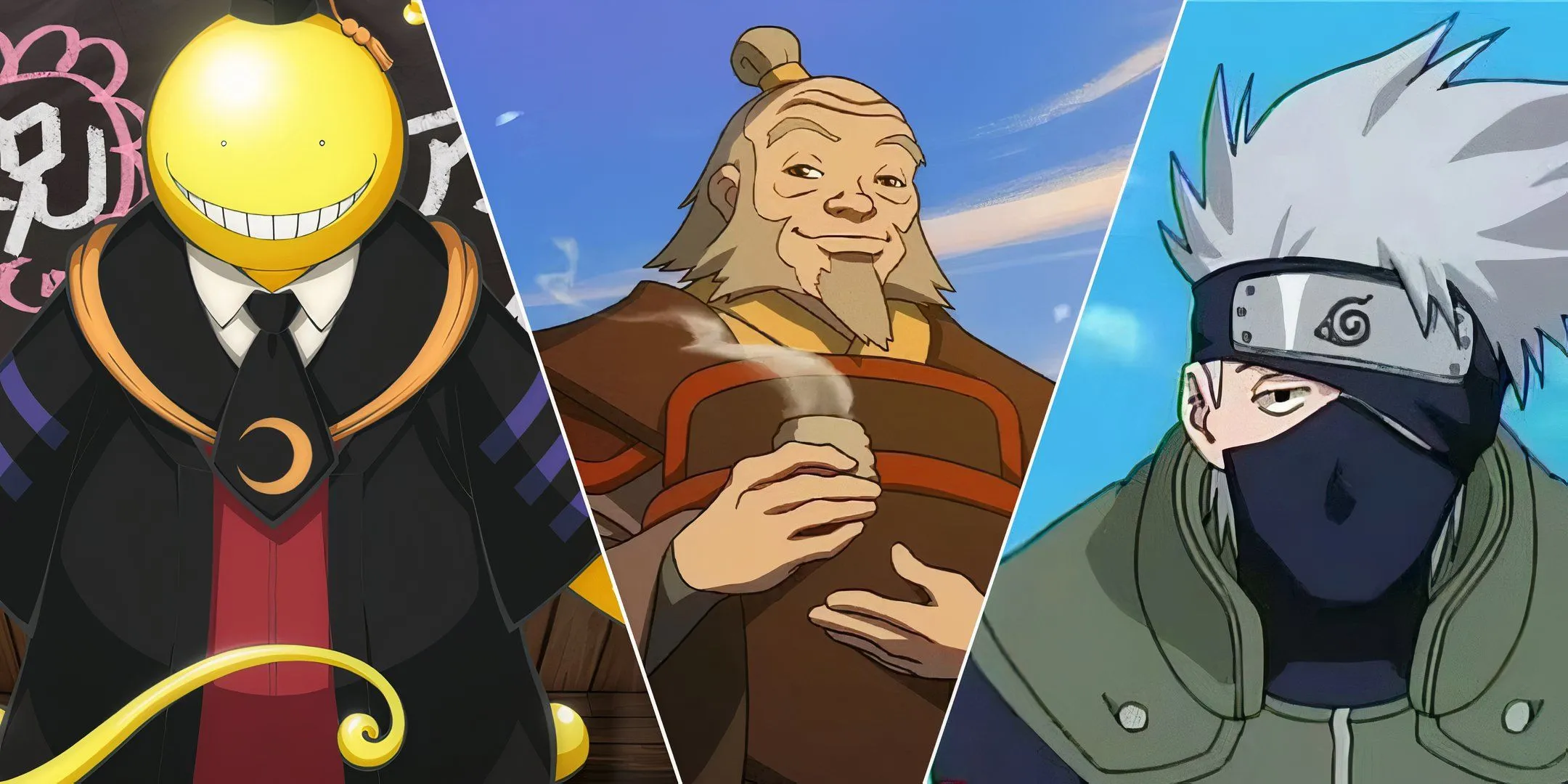 Koro-sensei với nụ cười đặc trưng, Uncle Iroh và Kakashi Hatake trong một hình ảnh tổng hợp biểu tượng cho các thầy cô anime.