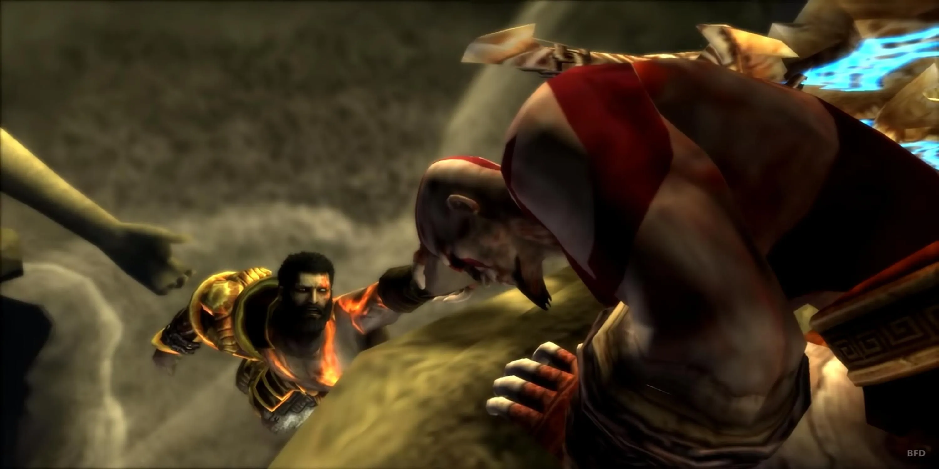 Kratos đang ôm anh trai Deimos trong God of War Ghost of Sparta