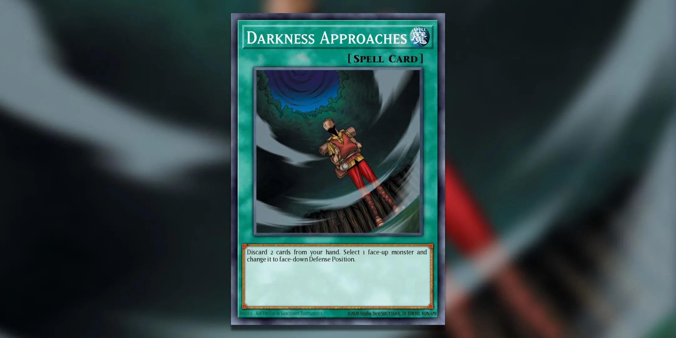 Lá bài ma pháp nhanh Darkness Approaches trước và sau errata, cho thấy sự thay đổi để phù hợp với luật Yu-Gi-Oh!.