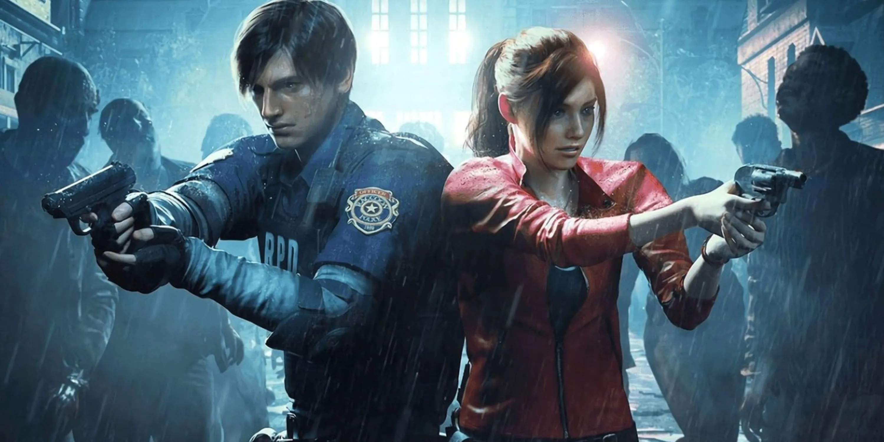 Leon Kennedy và Claire Redfield đối mặt với zombie trong Resident Evil 2 Remake dưới mưa