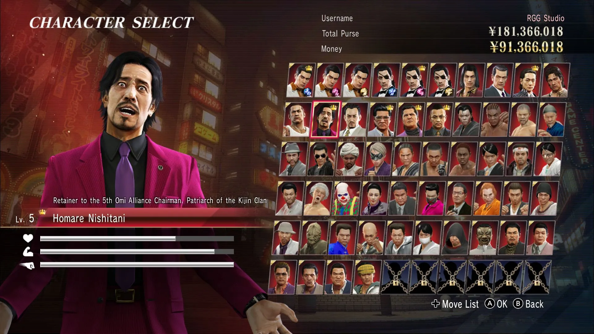 Màn hình chọn nhân vật trong chế độ Red Light Raid của Yakuza 0 Director's Cut trên Switch 2