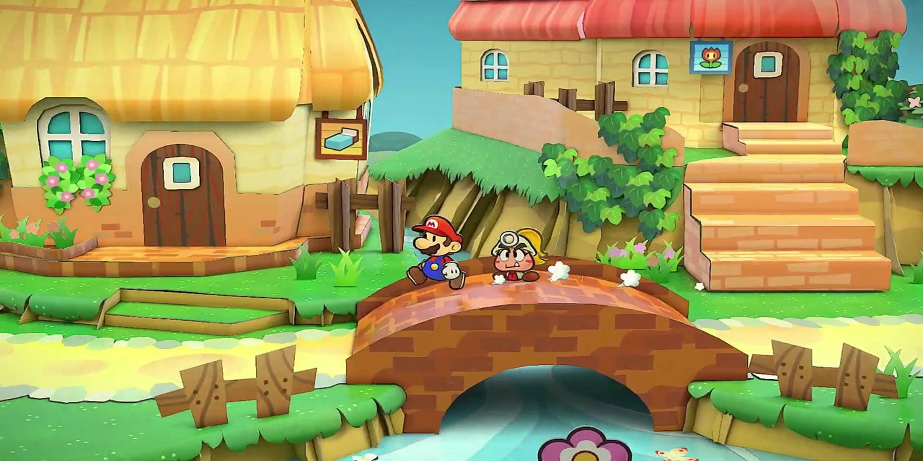 Mario đi qua cây cầu trong Paper Mario The Thousand-Year Door, một thế giới RPG giấy đầy sáng tạo
