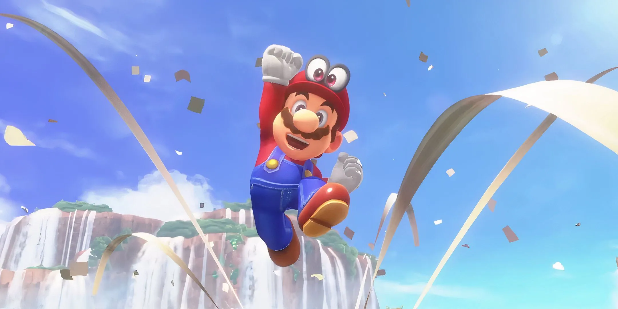 Mario trong trailer Super Mario Odyssey với biểu cảm vui mừng, gắn liền với câu 'It's-A Me, Mario!'