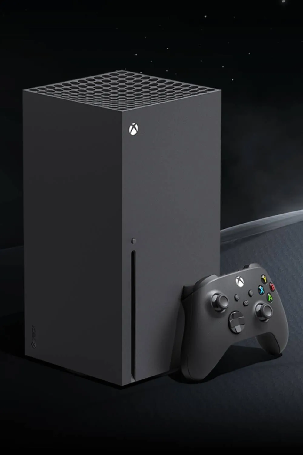 Máy chơi game Xbox Series X và logo màu xanh lá cây đặc trưng của thương hiệu Xbox