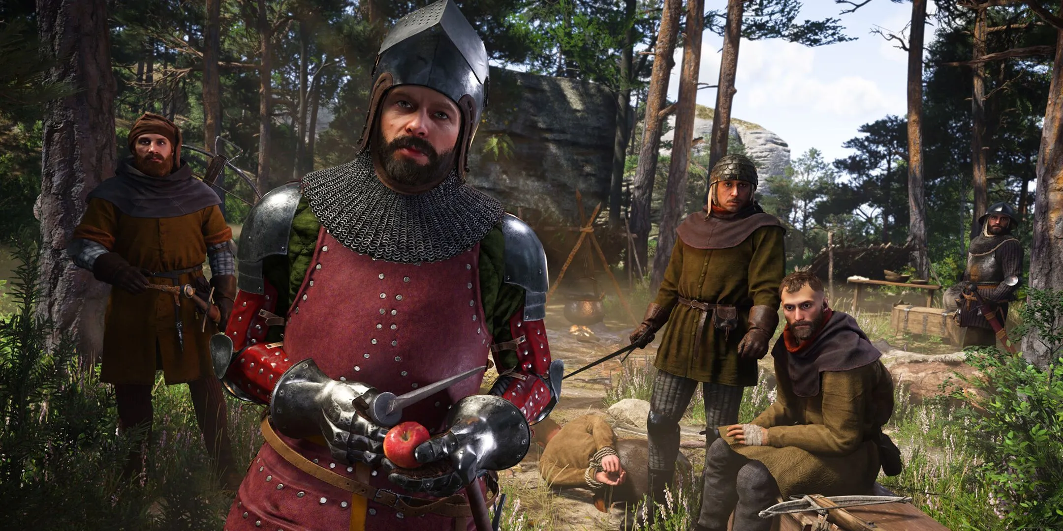 Một cảnh chiến đấu trong trại cướp của Kingdom Come: Deliverance 2, thể hiện sự đơn điệu của nhiệm vụ dọn dẹp trại.