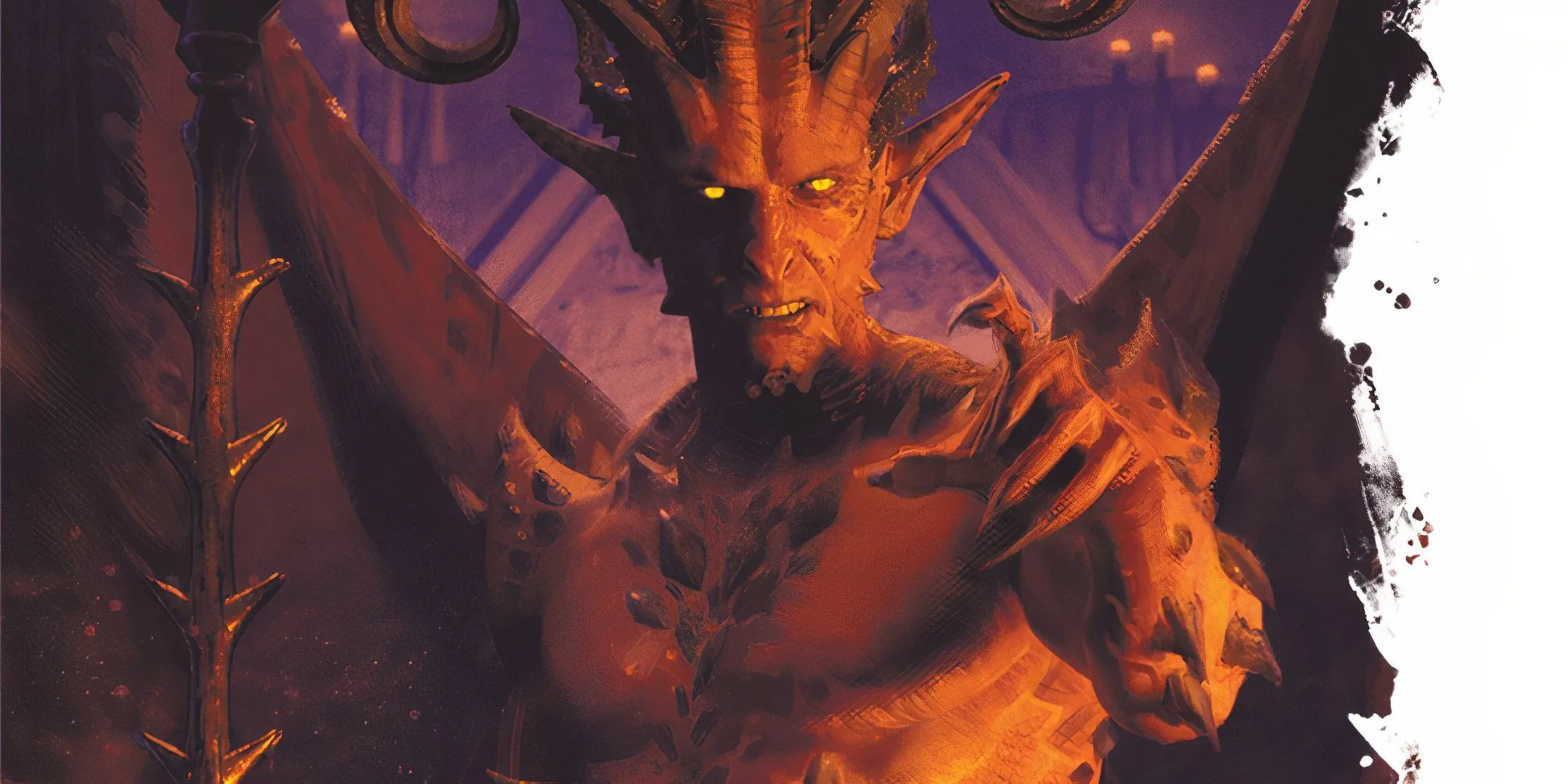 Một con quỷ sừng (Horned Devil) hùng vĩ với đôi mắt vàng rực, hình ảnh tiêu biểu trong Dungeons &amp; Dragons, minh họa bởi Yongjae Choi.