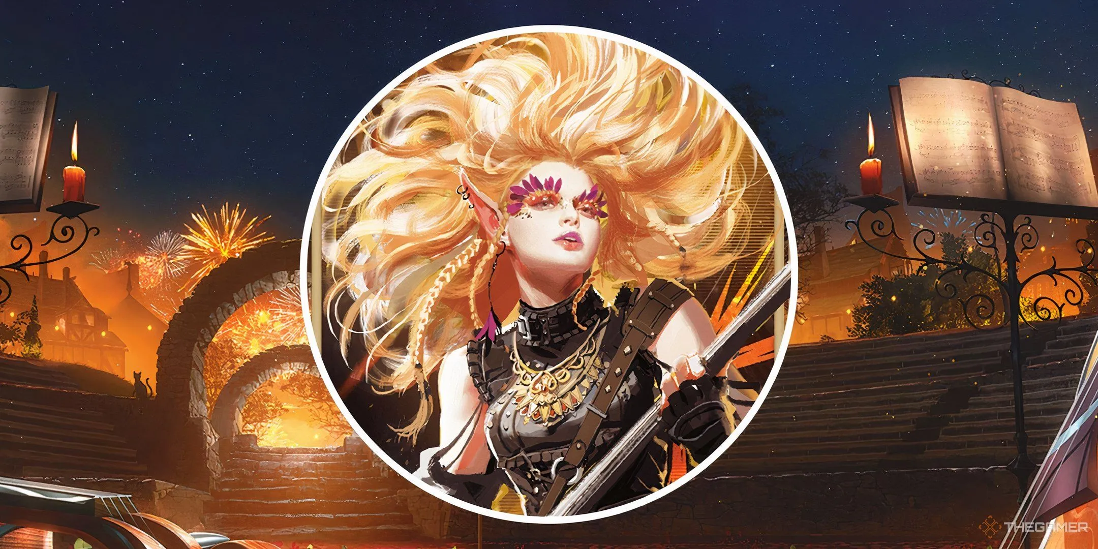 Một học giả Bard của trường phái Glamour trong hình ảnh đôi với một nhà hát vòng tròn trong Dungeons &amp; Dragons.