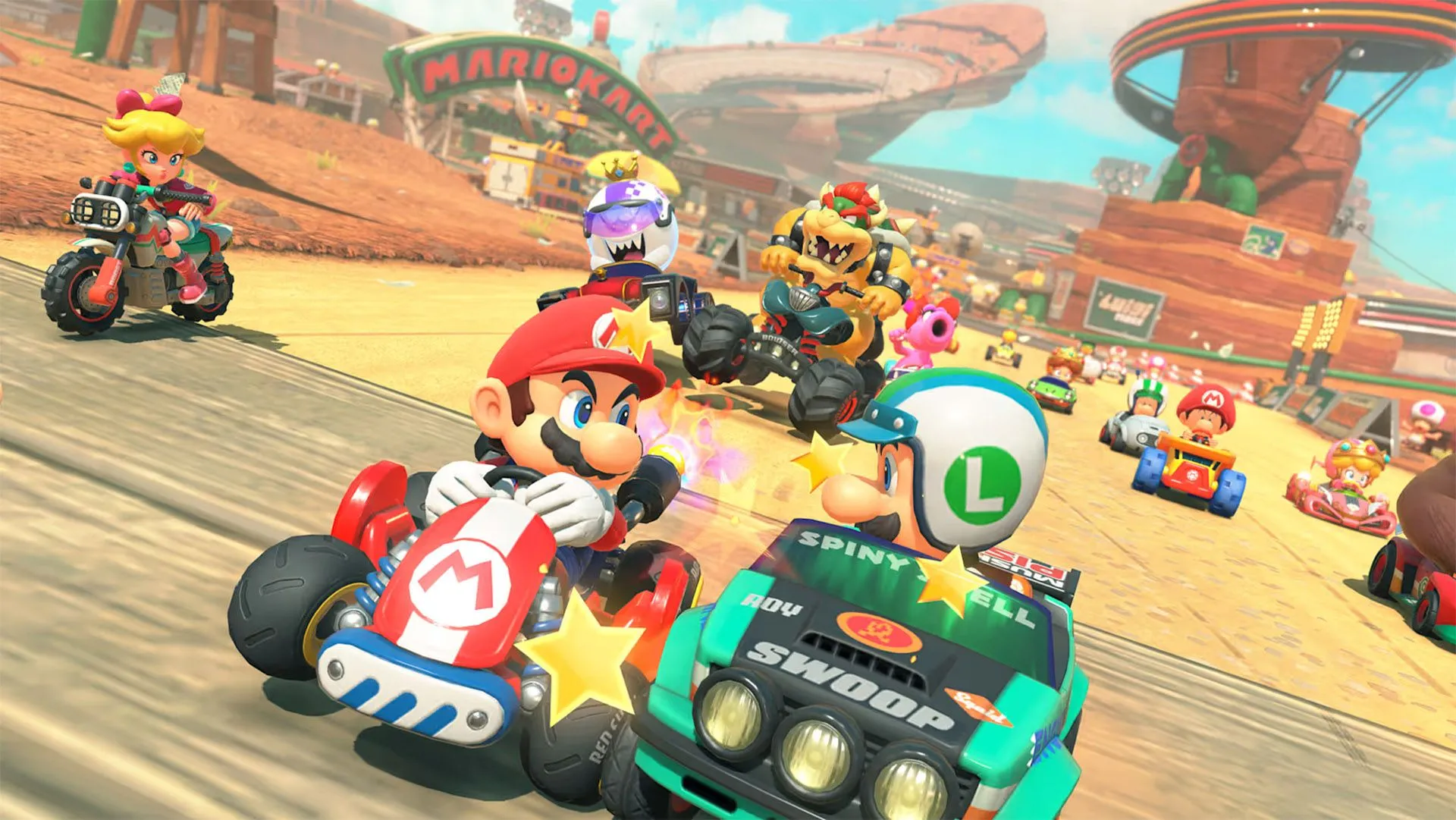 Một nhóm nhân vật Mario Kart World đang khám phá khu vực lobby thế giới mở