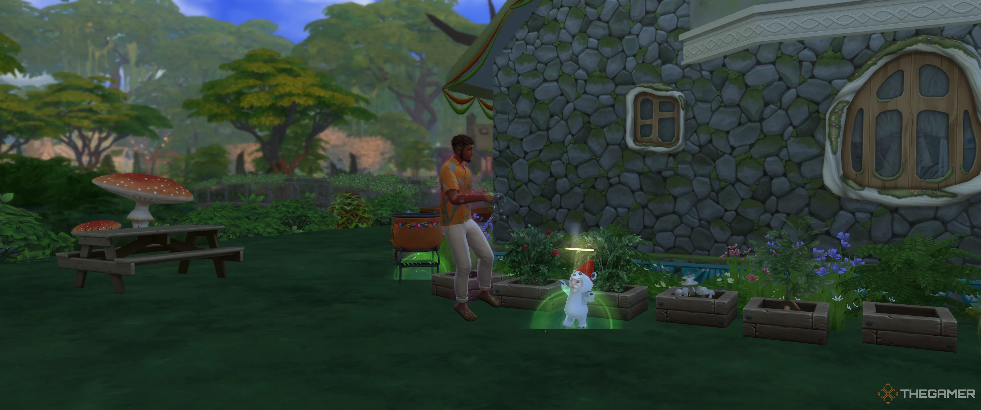 Một Sim đang chơi với một gnome trong The Sims 4 Enchanted By Nature.
