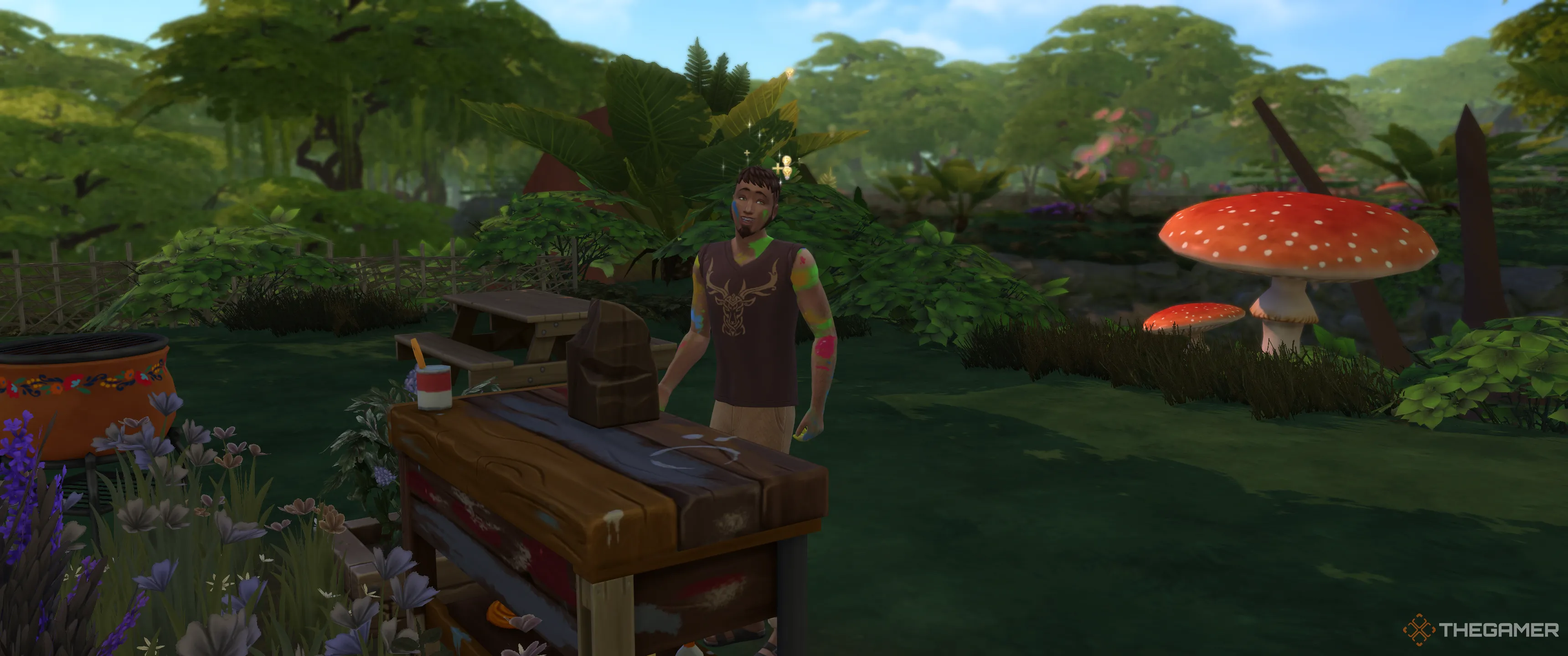 Một Sim mắc bệnh bùng nổ sáng tạo đang chế tác trong The Sims 4 Enchanted By Nature.