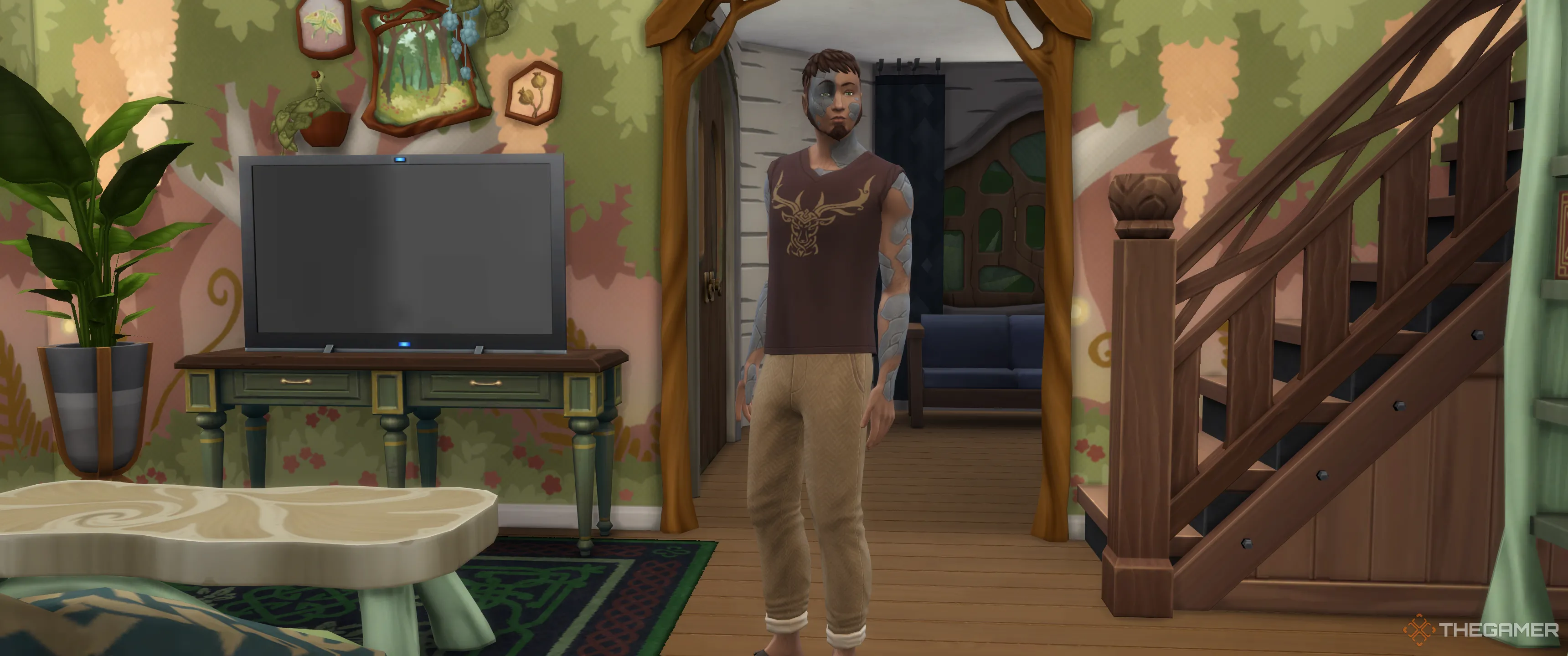Một Sim mắc bệnh hư vô cảm xúc đang ở trong phòng chờ trong The Sims 4 Enchanted By Nature.