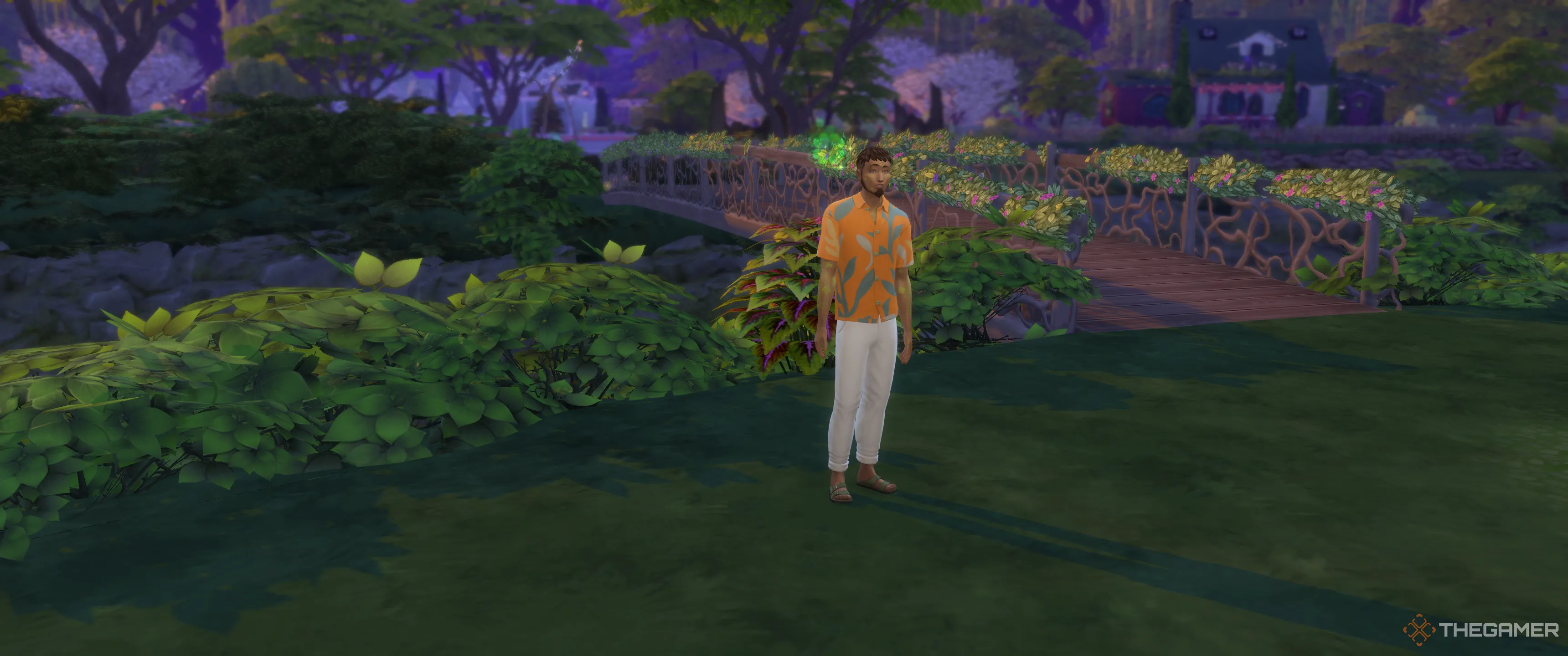 Một Sim với bệnh nam châm may mắn đang đứng trong vườn trong The Sims 4 Enchanted By Nature.