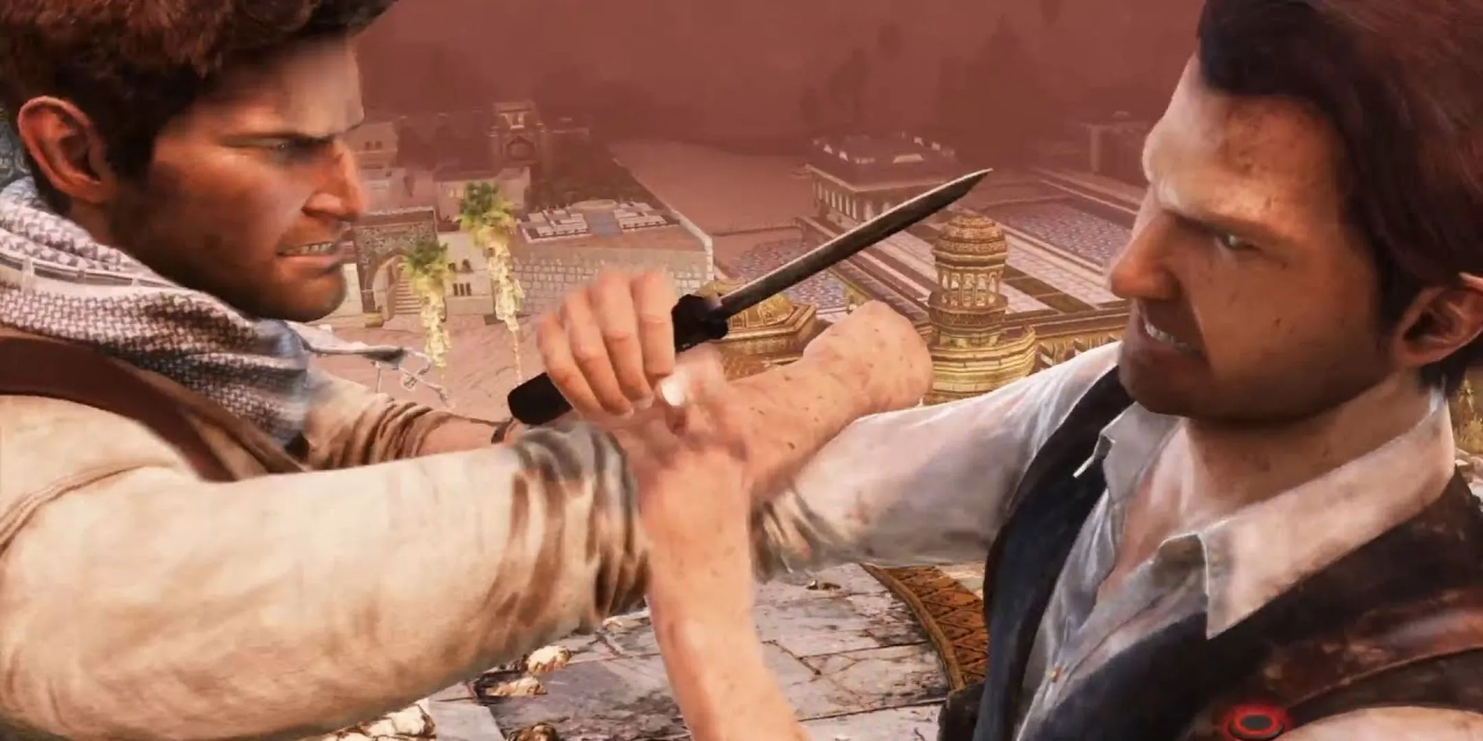 Nathan Drake giằng co với Talbot trong trận đấu tay đôi cuối cùng của Uncharted 3 Drake's Deception