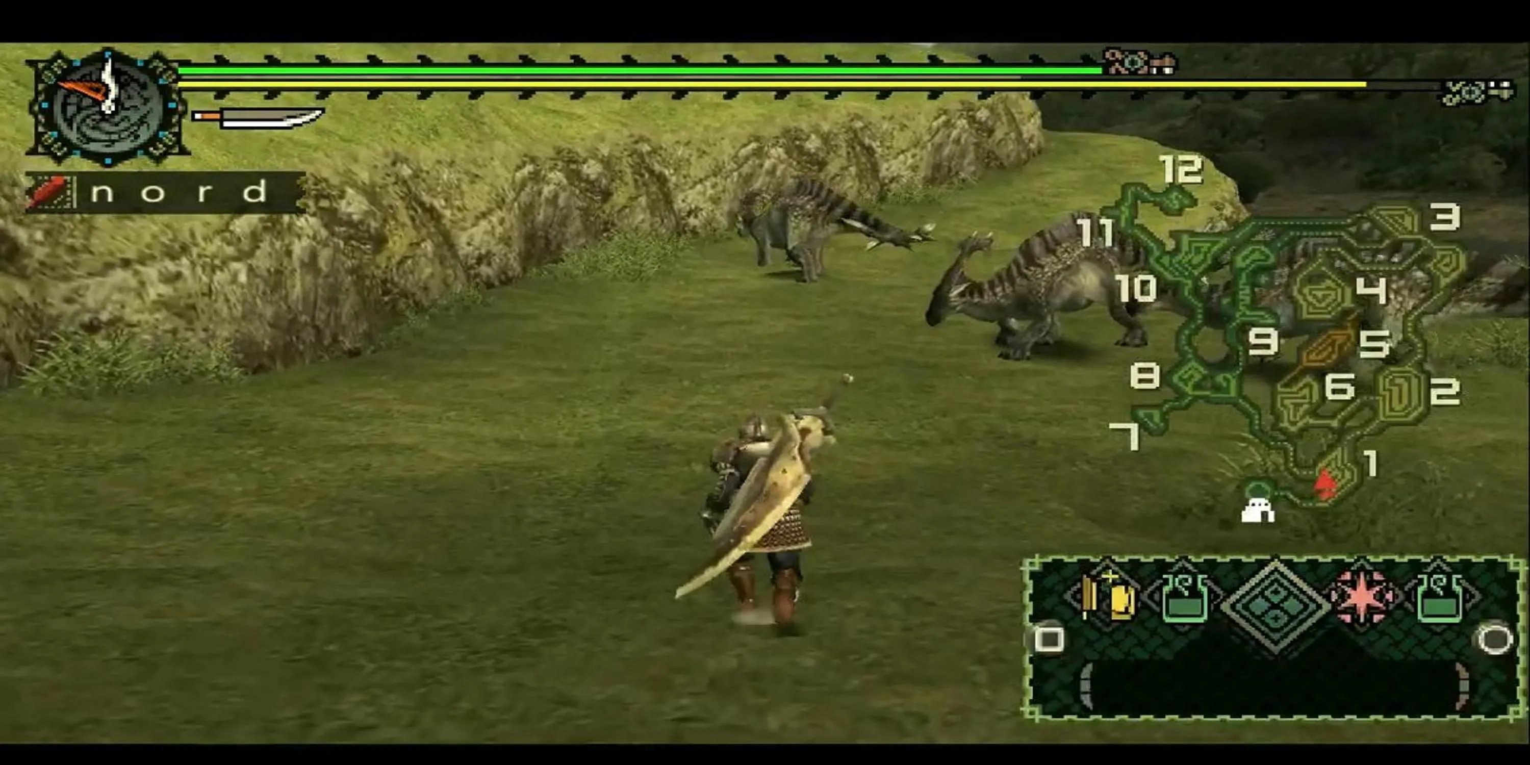 Người chơi đang đi trong một cánh đồng với quái vật xung quanh trong Monster Hunter Freedom Unite