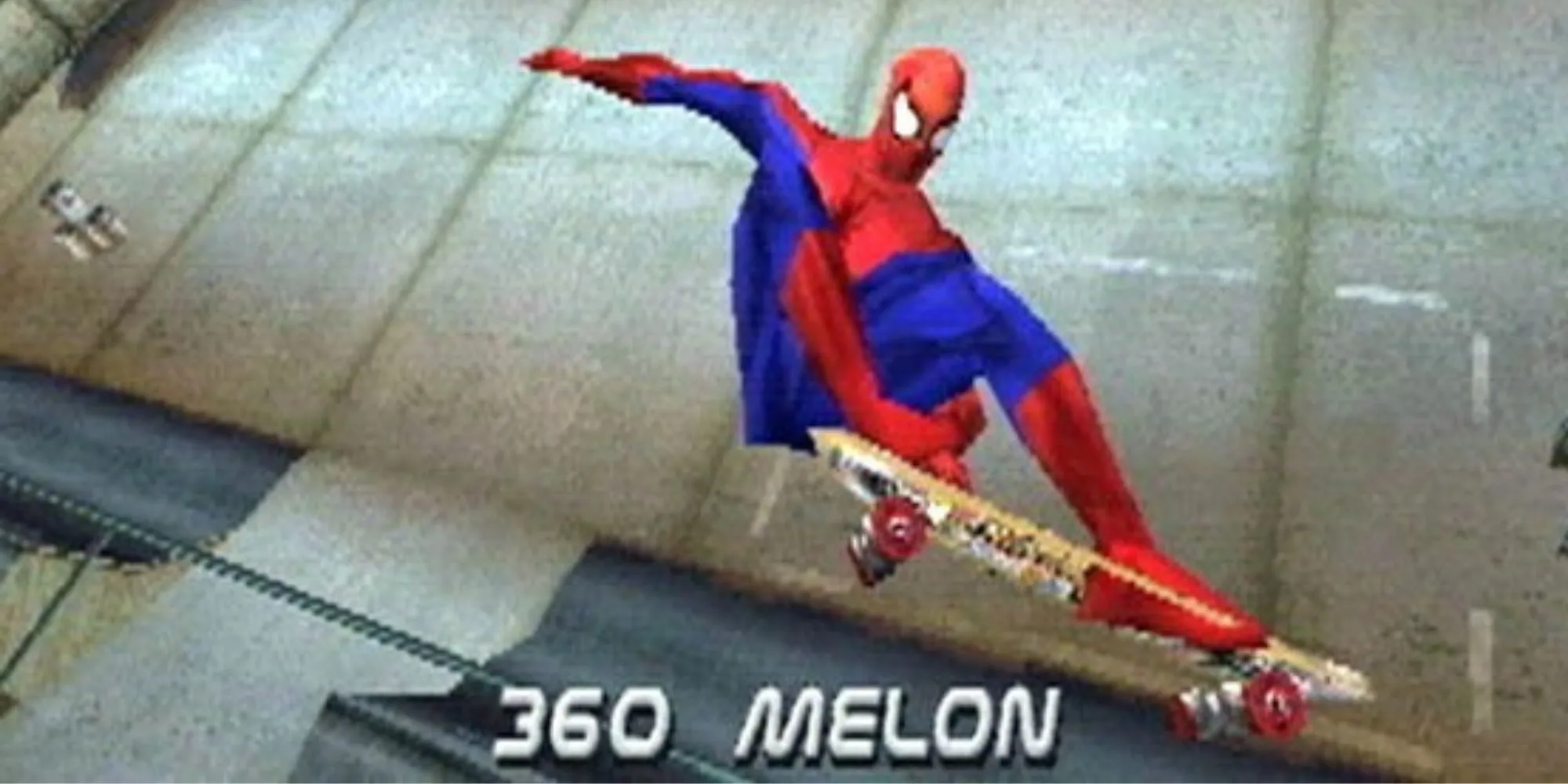Người Nhện biểu diễn kỹ thuật Grab trên half pipe trong Tony Hawk's Pro Skater 2