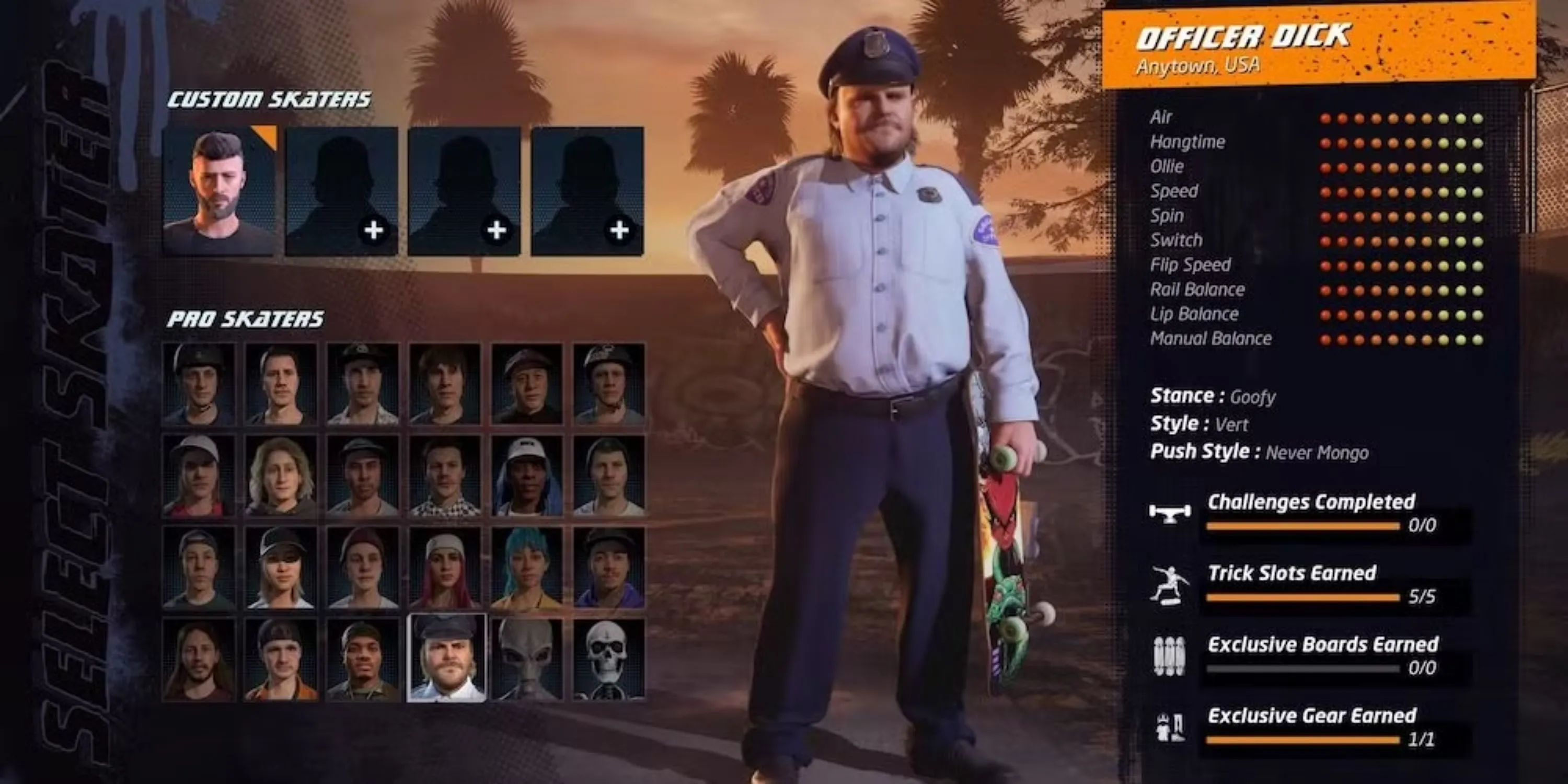 Nhân vật ẩn Officer Dick trên màn hình chọn của Tony Hawk's Pro Skater 1+2 Remake