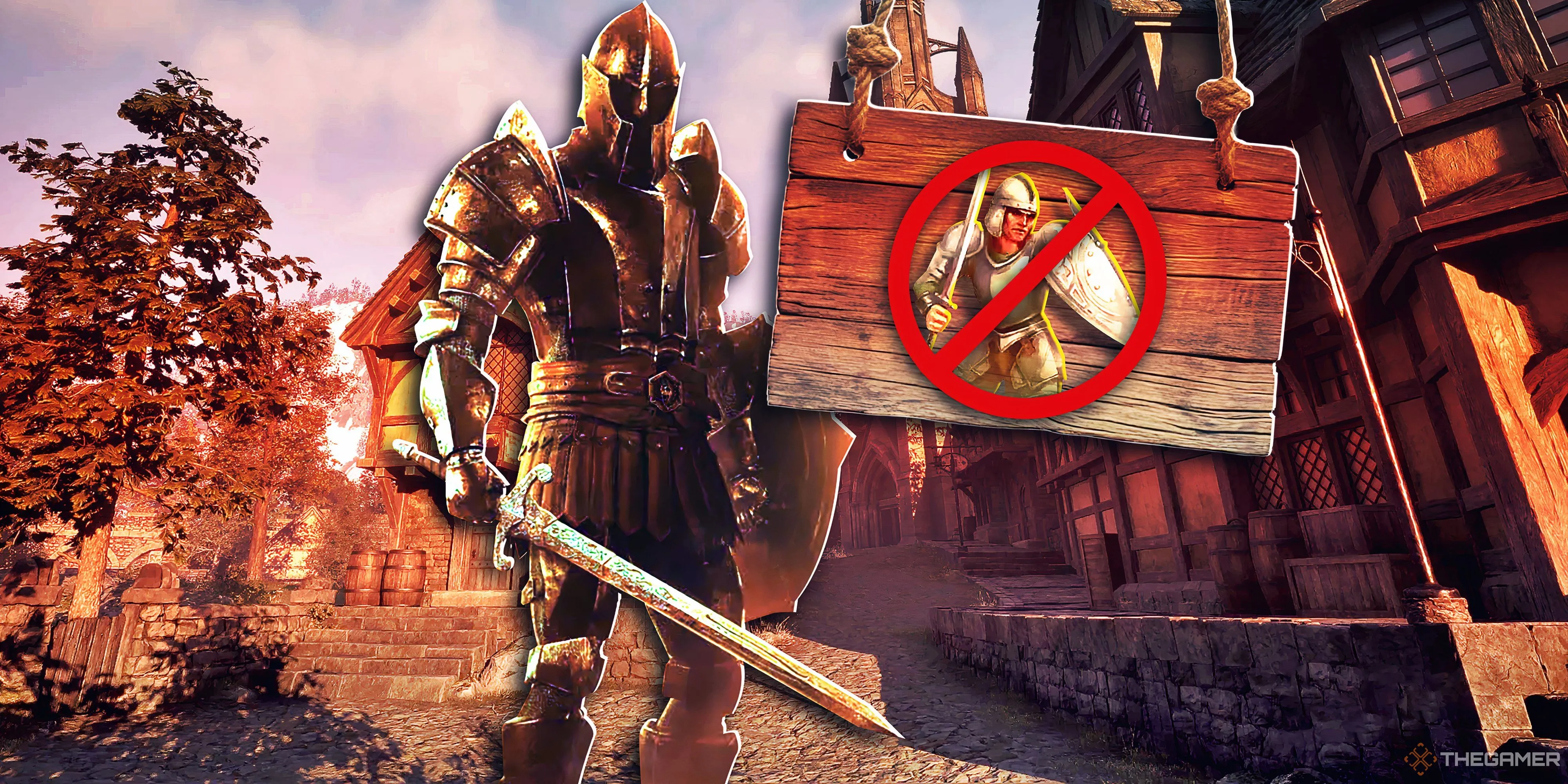 Nhân vật chính đứng cạnh biển chỉ dẫn trong game Oblivion Remastered