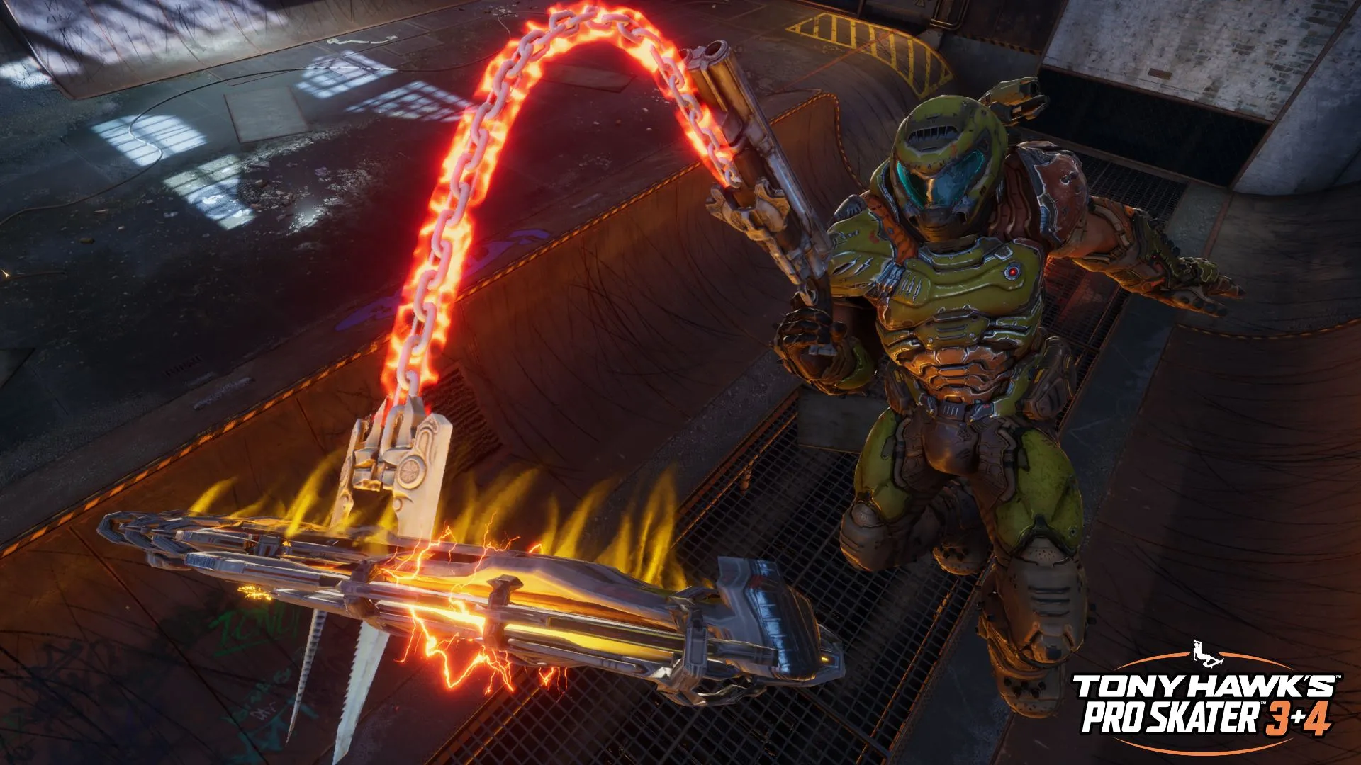Nhân vật Doom Slayer đang thực hiện một cú combo trượt ván ấn tượng tại màn chơi Foundry trong tựa game Tony Hawk's Pro Skater 3+4 bản làm lại.