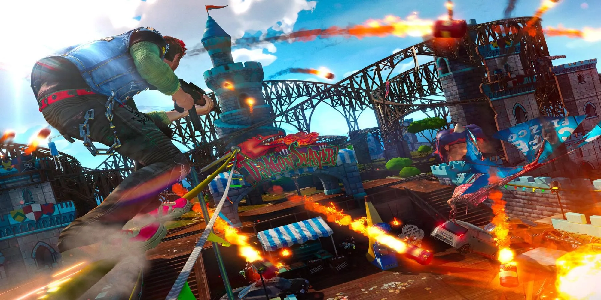 Nhân vật trượt ván trên đường ray và bắn súng trong thế giới đầy màu sắc của Sunset Overdrive