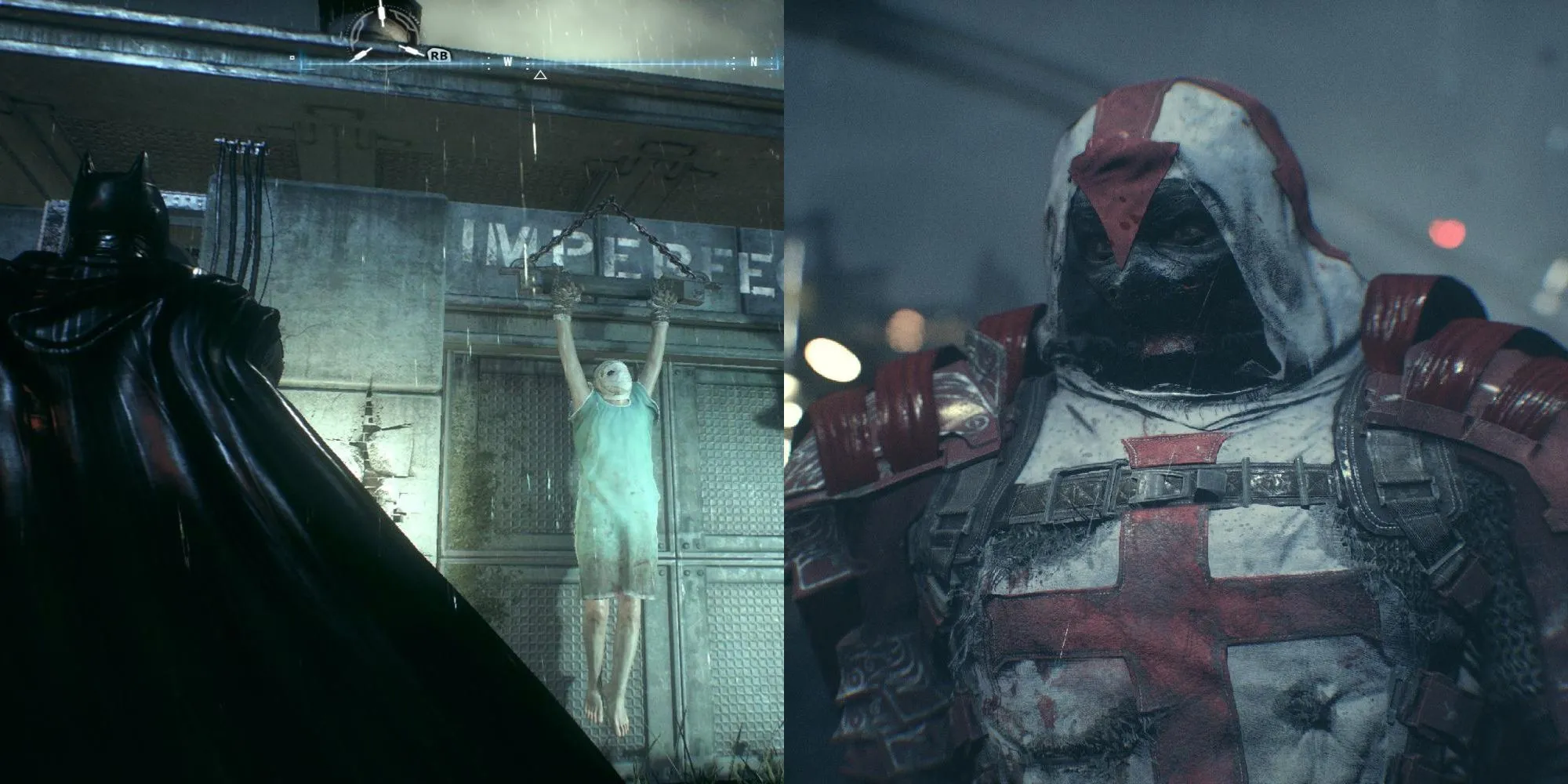 Nhiệm vụ phụ The Perfect Crime và nhân vật Azrael trong game Batman Arkham, minh họa sự đa dạng của các nhiệm vụ phụ.