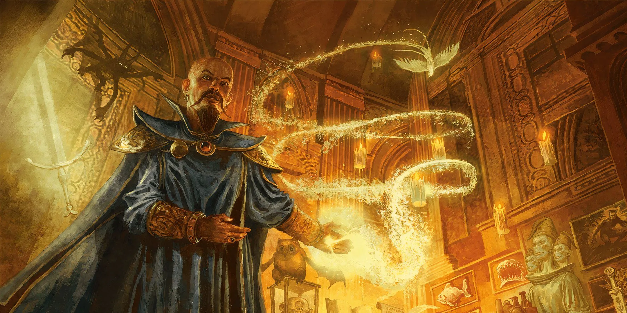 Pháp sư áo choàng xanh thi triển ma thuật trong thư phòng vàng trong bối cảnh Dungeons &amp; Dragons.