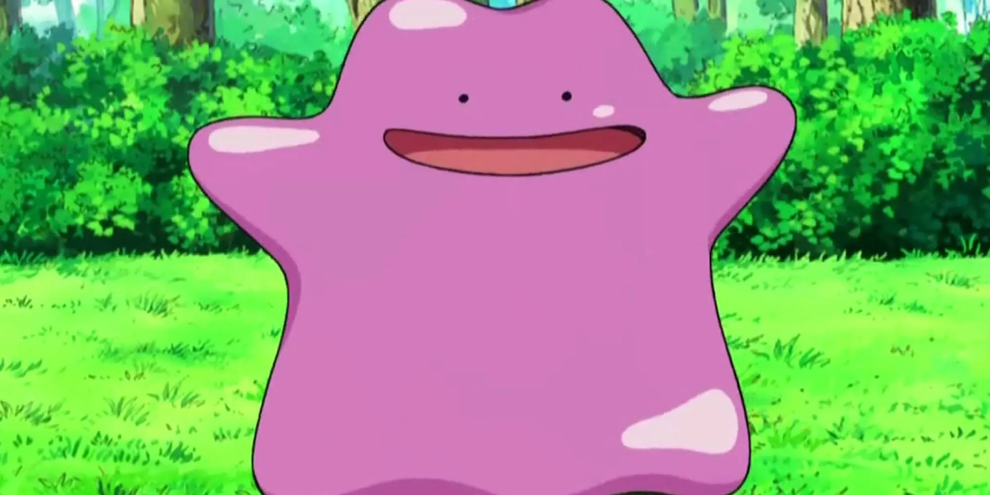 Pokemon Ditto biểu cảm đáng yêu với nụ cười ngây ngô trên cánh đồng cỏ.