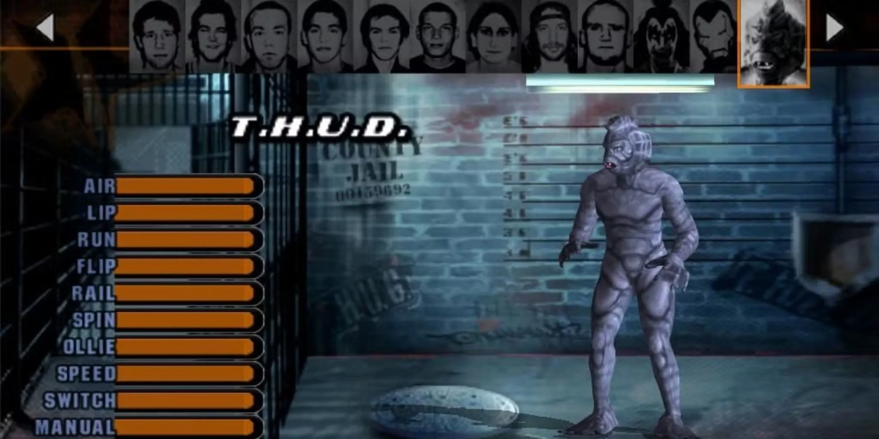 Quái vật T.H.U.D. trên màn hình chọn nhân vật của Tony Hawk's Underground