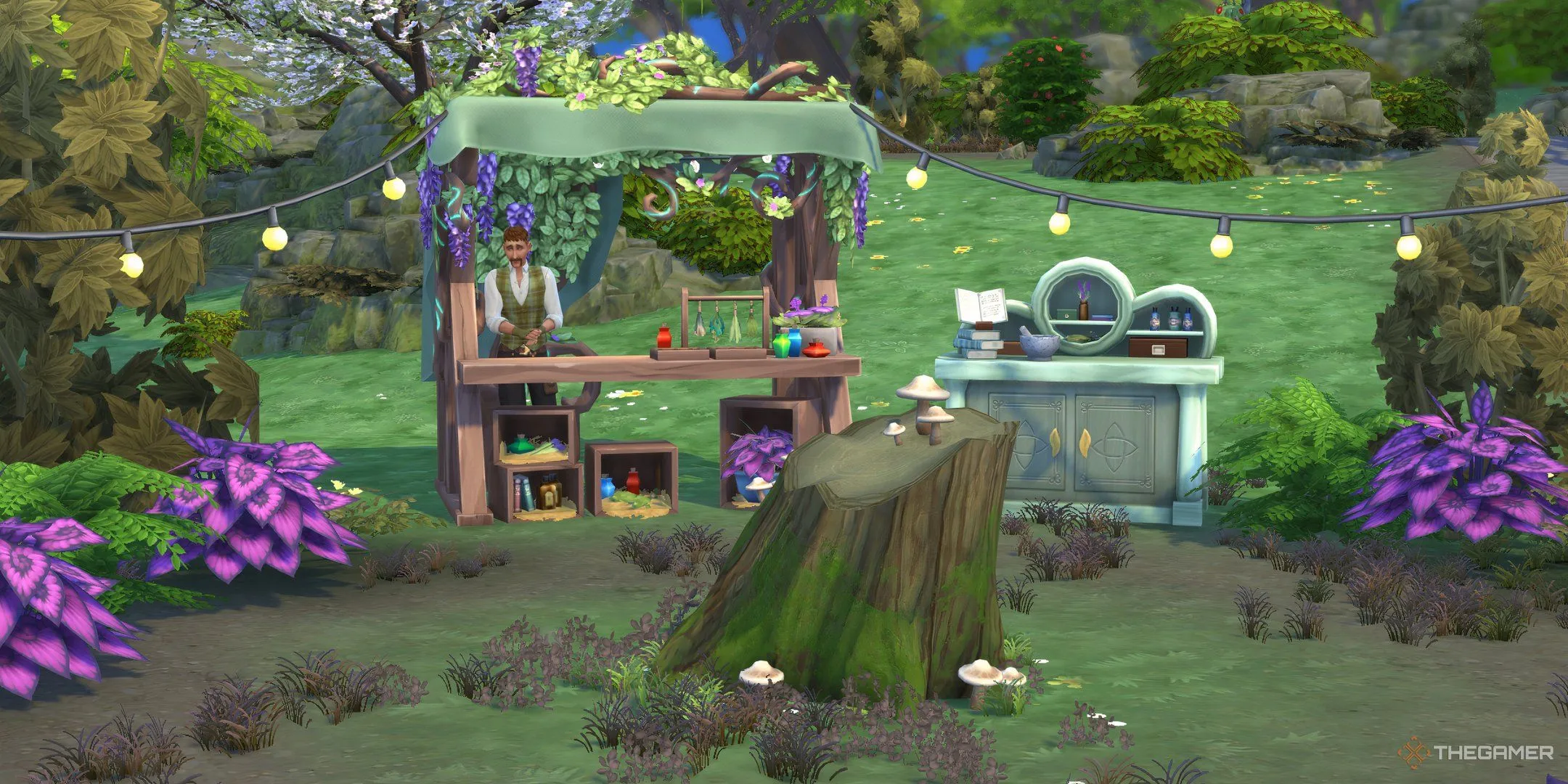 Quầy dược sĩ và người trông quầy tại Rừng Sprucederry trong The Sims 4 Enchanted By Nature.