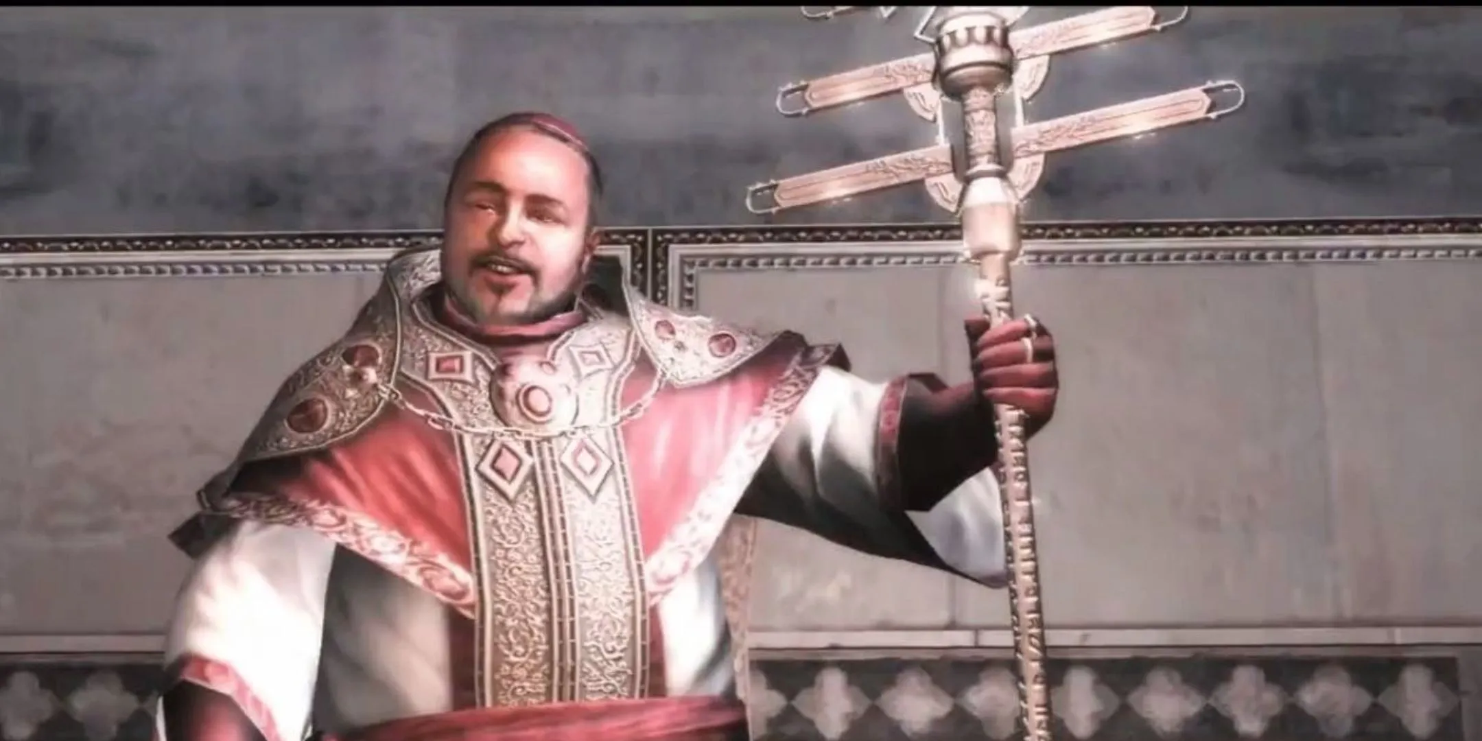 Rodrigo Borgia cầm Quyền Trượng Giáo Hoàng của Eden trong Assassin's Creed 2
