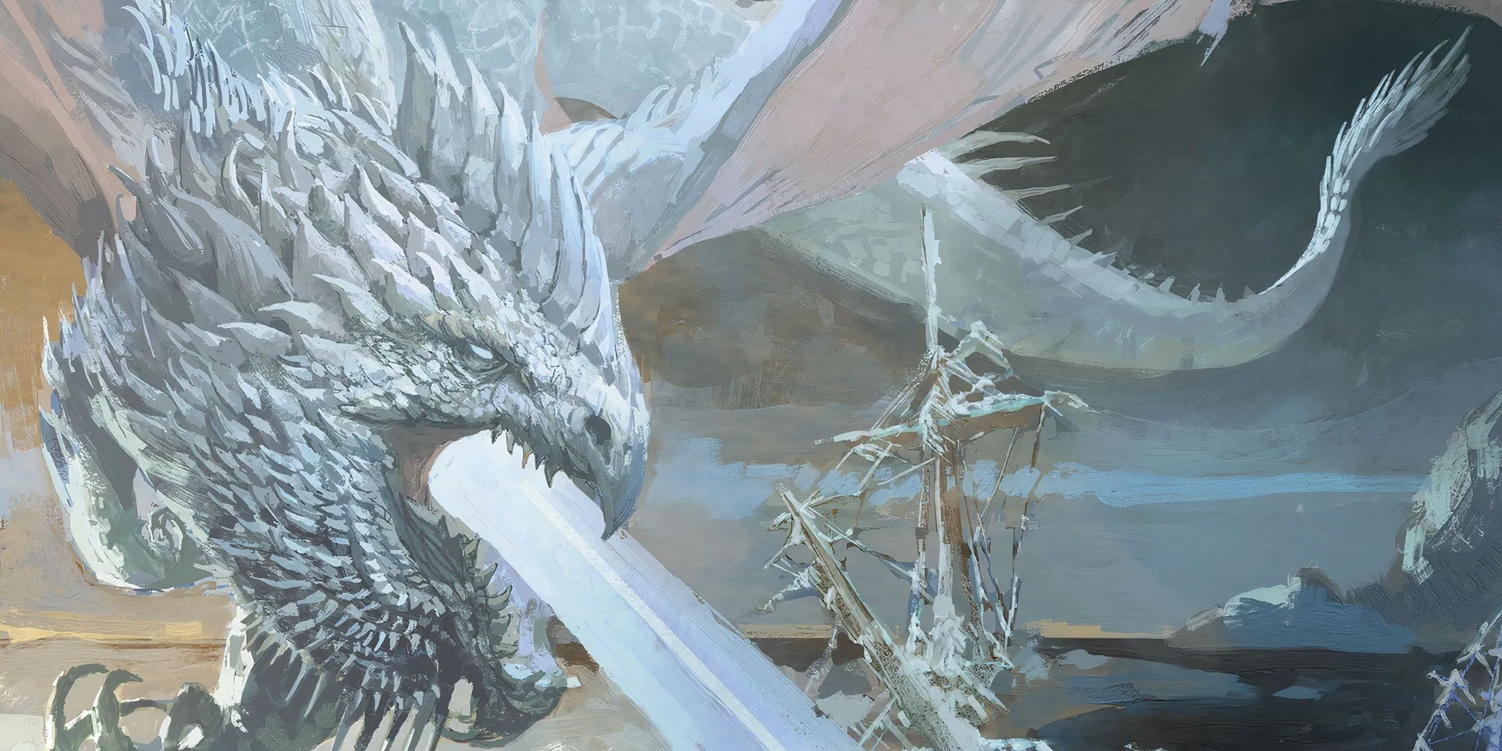 Rồng trắng cổ đại hùng vĩ bay lượn trên bầu trời trong thế giới Dungeons &amp; Dragons.