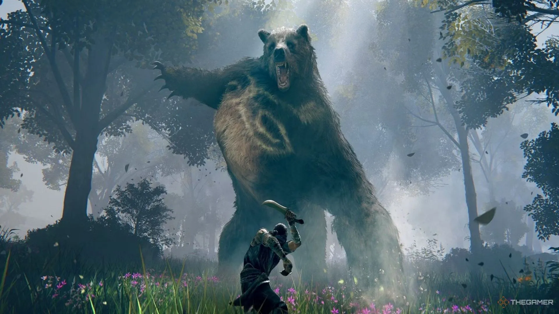 Runebear chuẩn bị tấn công người chơi bằng móng vuốt phải trong Elden Ring.