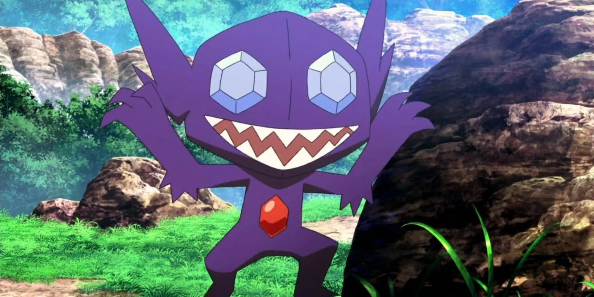 Sableye lén lút xuất hiện từ sau tảng đá, thể hiện sự tinh quái của Pokemon hệ Bóng Tối/Ma.