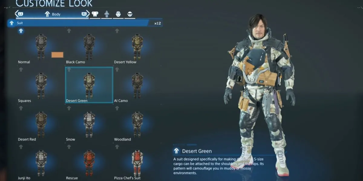 Sam Bridges mặc bộ Desert Green Suit trong khu vực nhiều cây xanh của Death Stranding 2