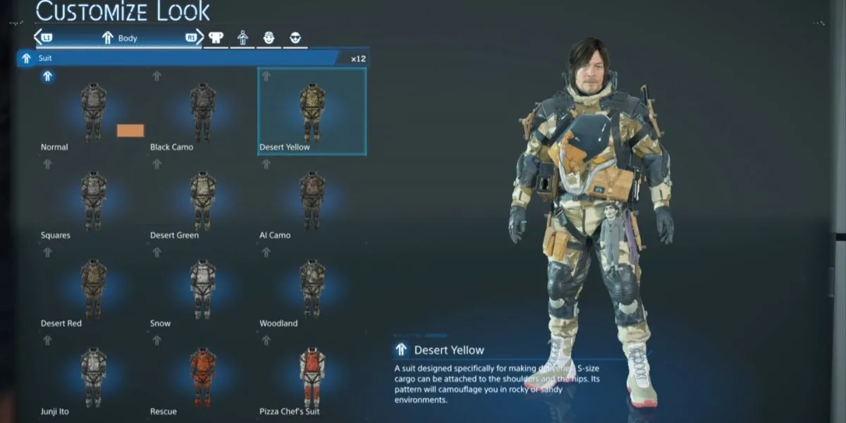 Sam Bridges với bộ Desert Yellow Suit phù hợp cho địa hình sa mạc trong Death Stranding 2