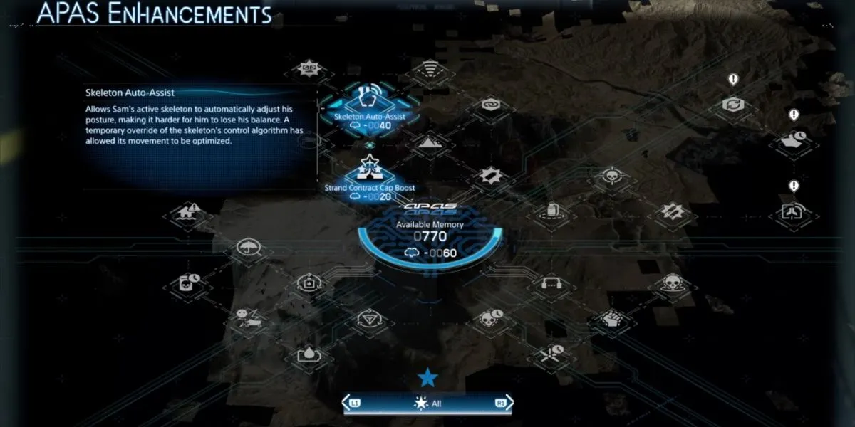 Sam giữ thăng bằng vững chắc với tải trọng nặng nhờ Skeleton Auto-Assist trong Death Stranding 2
