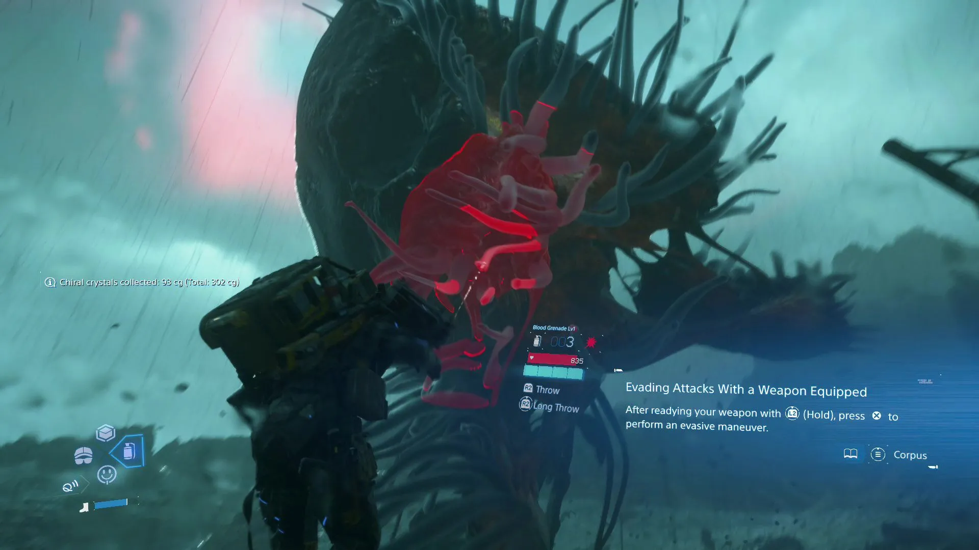 Sam ném Lựu Đạn Máu vào Giant BT trong Death Stranding 2
