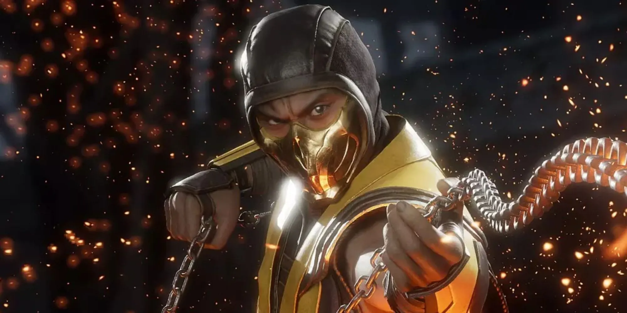 Scorpion trong Mortal Kombat 11 chuẩn bị sử dụng Kunai, nổi tiếng với câu 'Get Over Here!'