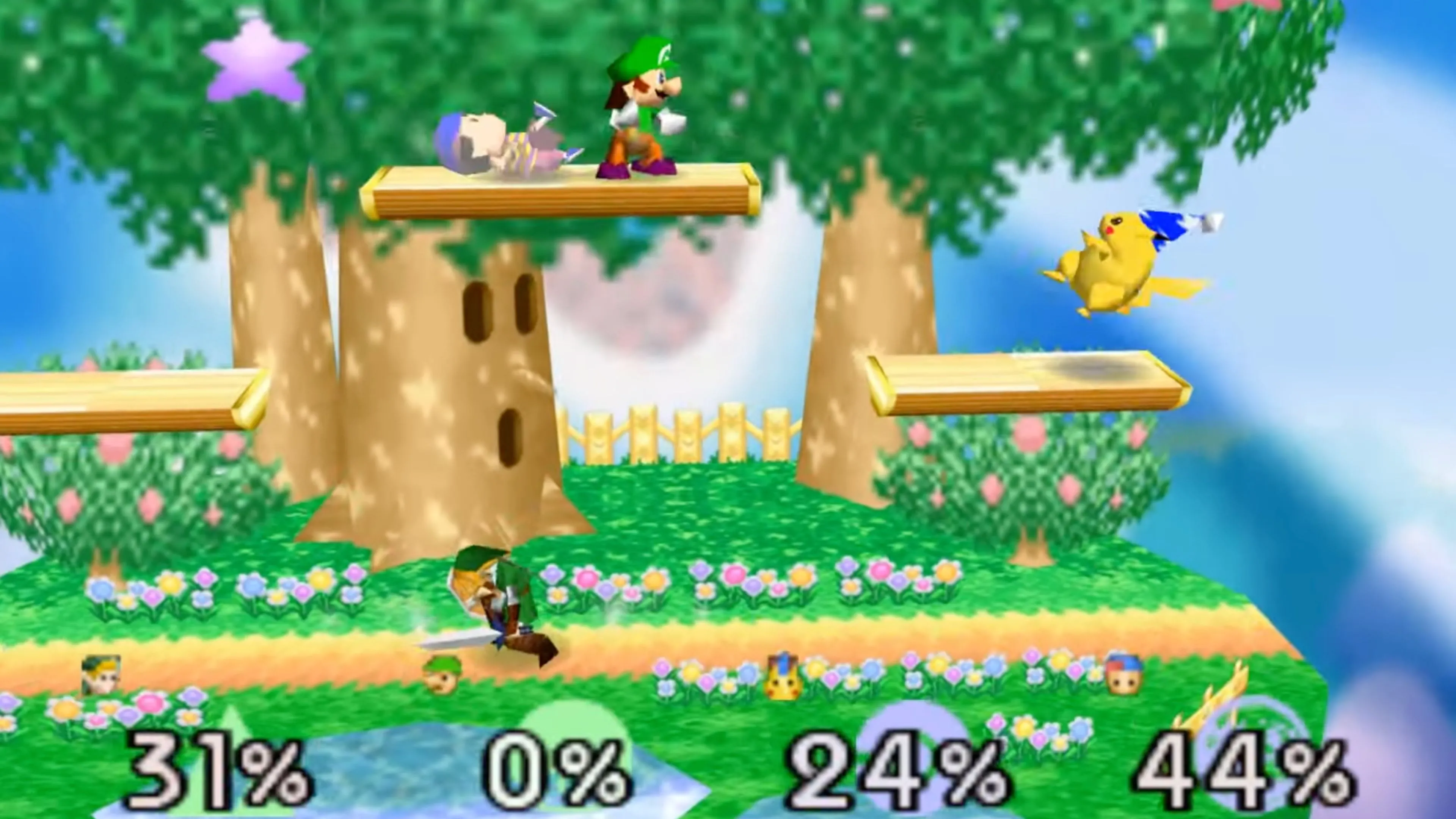 Screenshot lối chơi đối kháng 4 người trong Super Smash Bros. (N64)