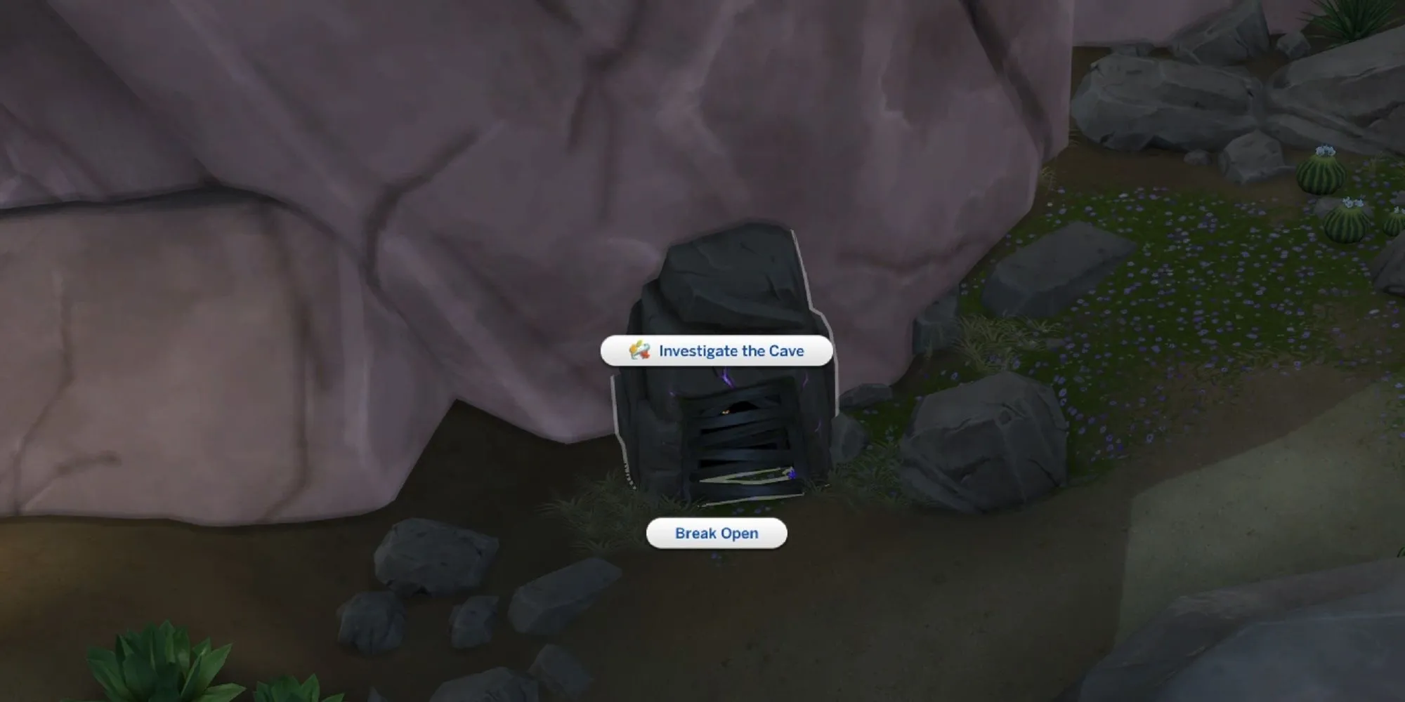 Sim đang phá vỡ hang động bí ẩn tại Công viên Desert Bloom trong sự kiện Nature's Calling Tuần 4 The Sims 4